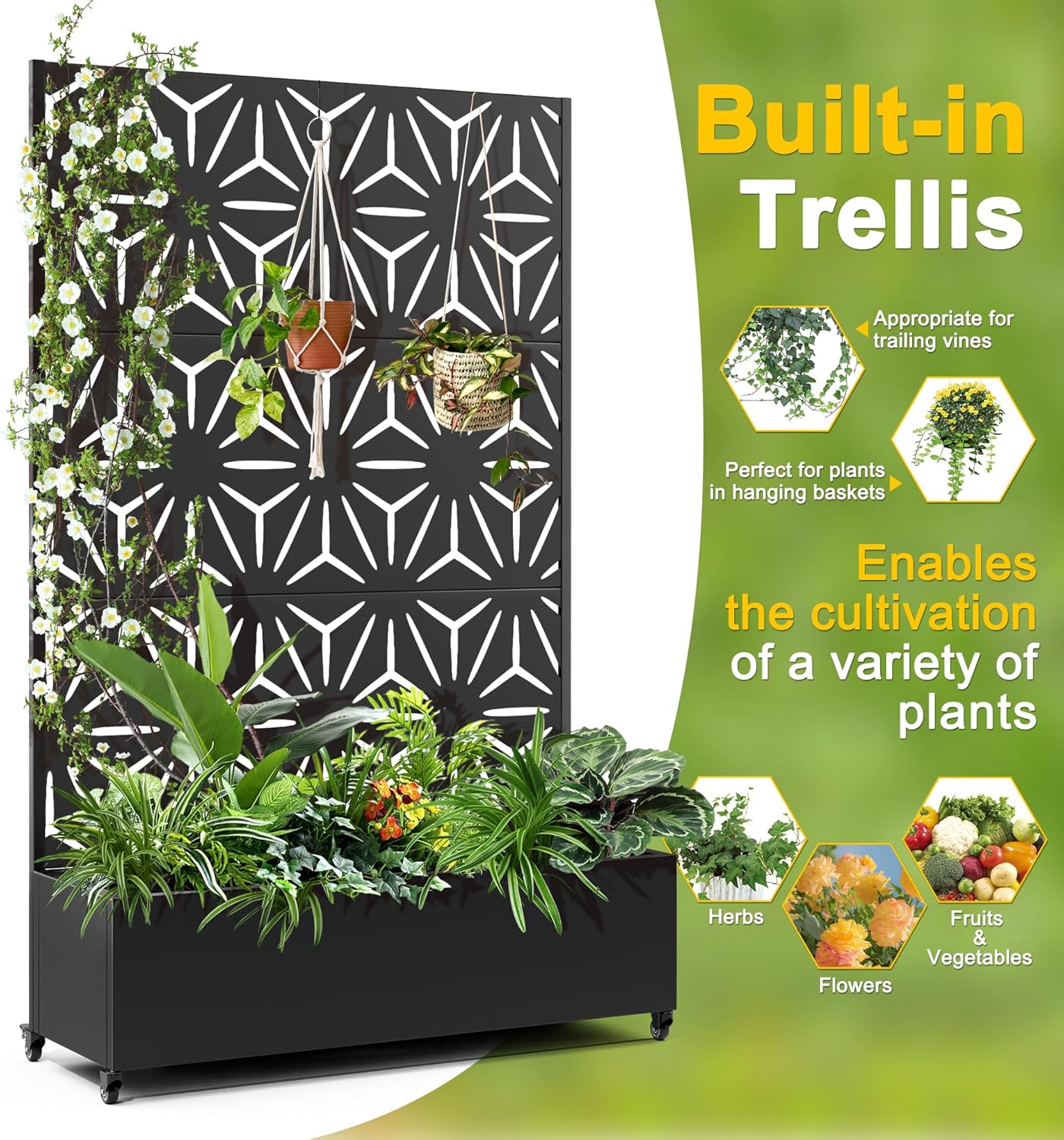 FENCY Metal Raised Garden Bed with Wheels and Trellis,73"x47"x16" Planter Box for Climbing Plants, Vegetables & Vines, Features Privacy Screen and Drainage Holes (Black-Star)