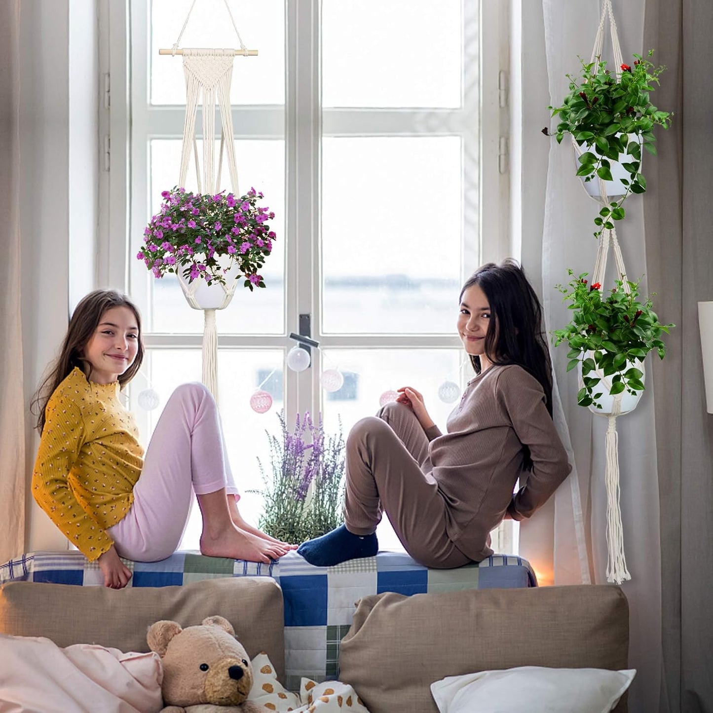 IGaiety Macrame Plant Hanger 5 Pcs Indoor Outdoor Hanging Plant Holders Handmade Plant Hangers Cotton Rope Planters with 5 Pcs Ceiling and S Hooks for Small Plants Pots Boho Home Decor