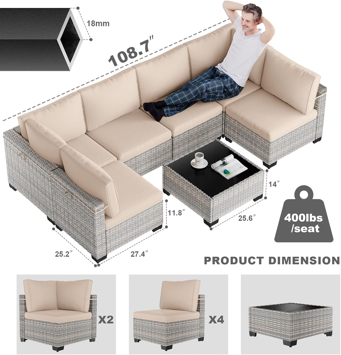7-Piece Patio Furniture Set, Outdoor Sectional with Thick Cushions, Modular Patio Sofa, Dual-Strand Wicker Rattan, Rust-Resistant Frame, Backyard Furniture for Garden, Deck, Khaki