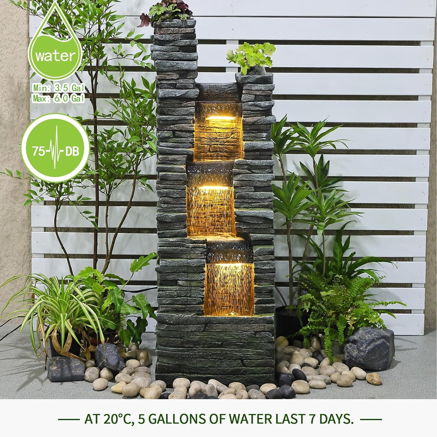47 in High Water Fountain Outdoor Garden 3 Tier Cascading Large Outdoor Fountains and Waterfalls with LED Lights for Garden, Patio, Backyard, Deck, Porch and Home Art Decor, Natural Stones