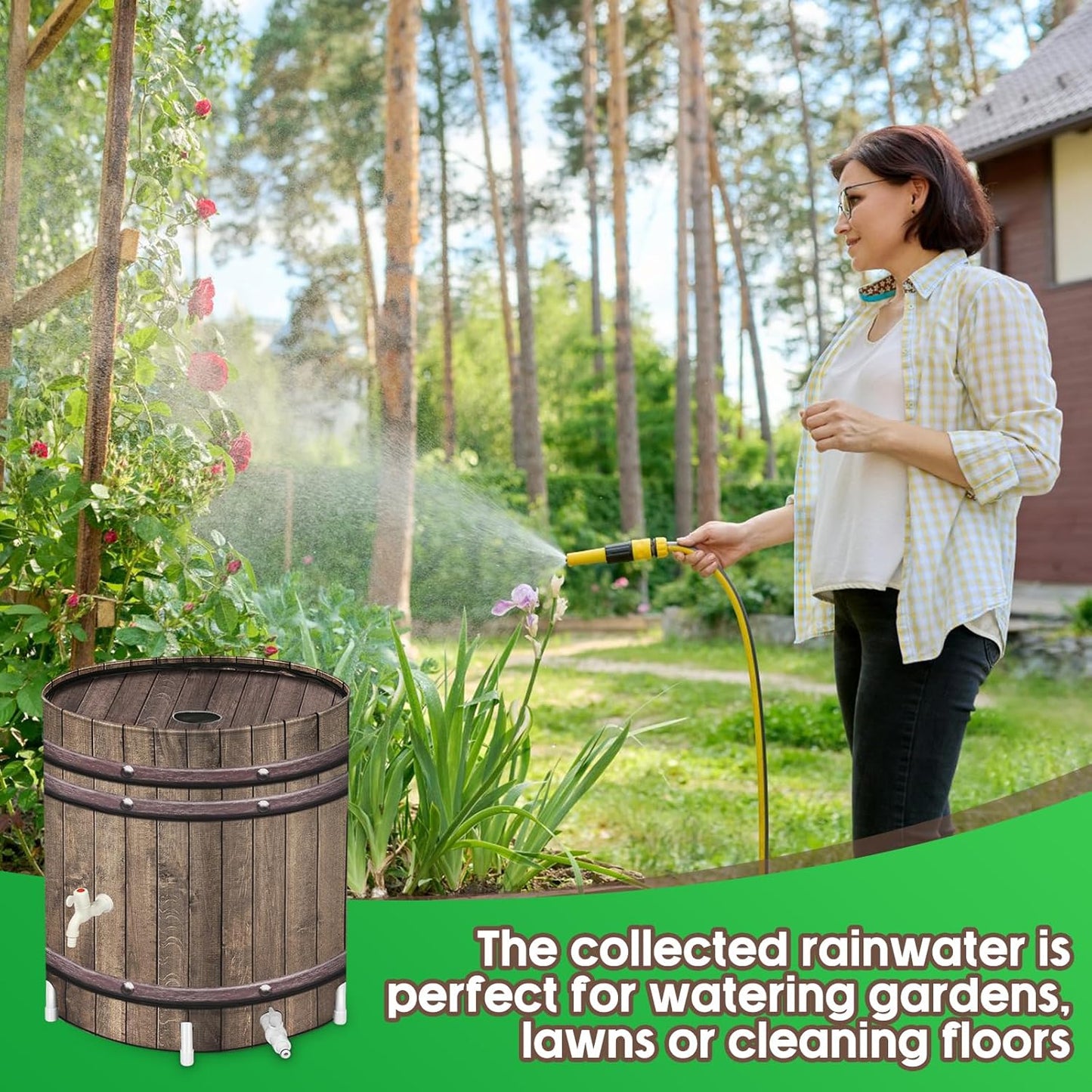 Collapsible Rain Barrels, 50 Gallon Rain Water Collection Barrel, Rain Catcher Barrels to Collect Rainwater from Gutter, Leak-Proof Design, Woodgrain