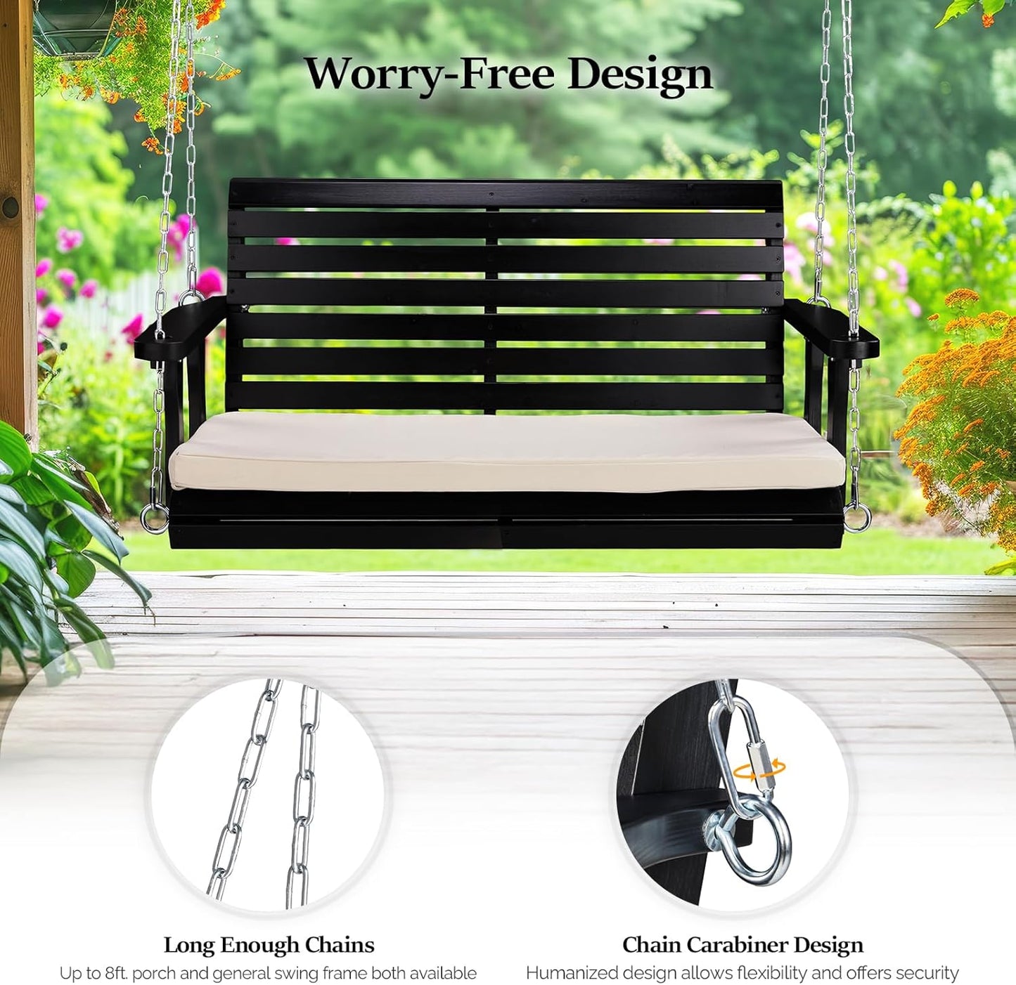 VINGLI Outdoor 4 FT Porch Swing, Heavy Duty 880 LBS Wooden Patio Swings with Cushions, Farmhouse Style Hanging Bench with Adjustable Chains for Yard | Garden | Lawn | Balcony, Black