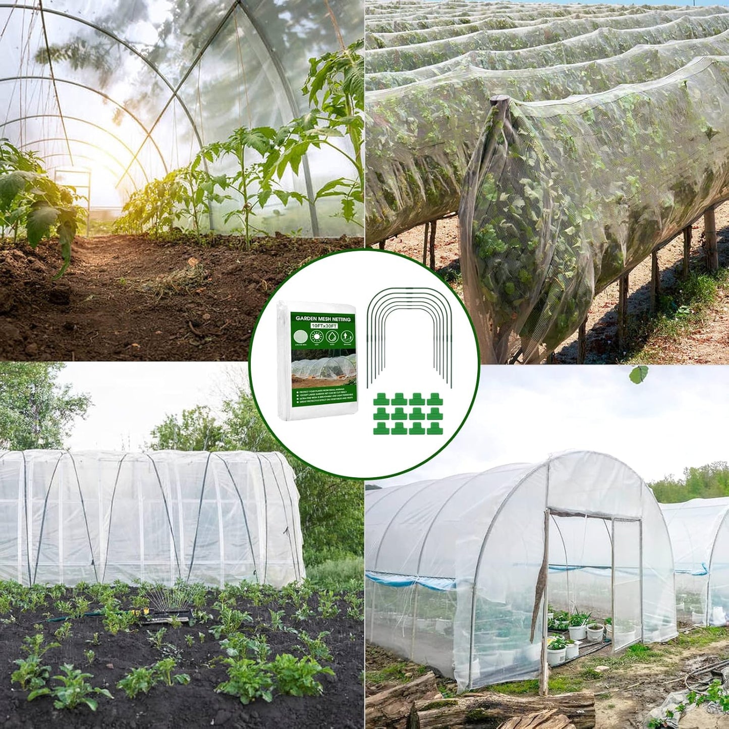 Garden Mesh Netting Kit - 10x30ft Ultra Fine Mesh with 6 Sets Hoops & 12 Clips, Bird Netting Protection for Fruit, Vegetable, Flowers & Animals, Greenhouse Cover