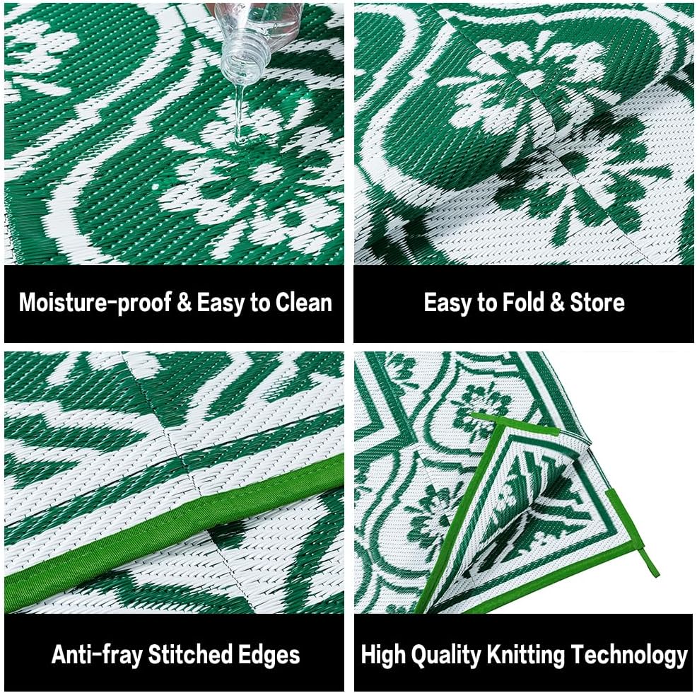 Outdoor Rug 8x10 Patio Waterproof Mat Camping Carpet Outside Area Rug Reversible Green Rugs for RV Deck Entryance Porch Picnic Balcony Beach