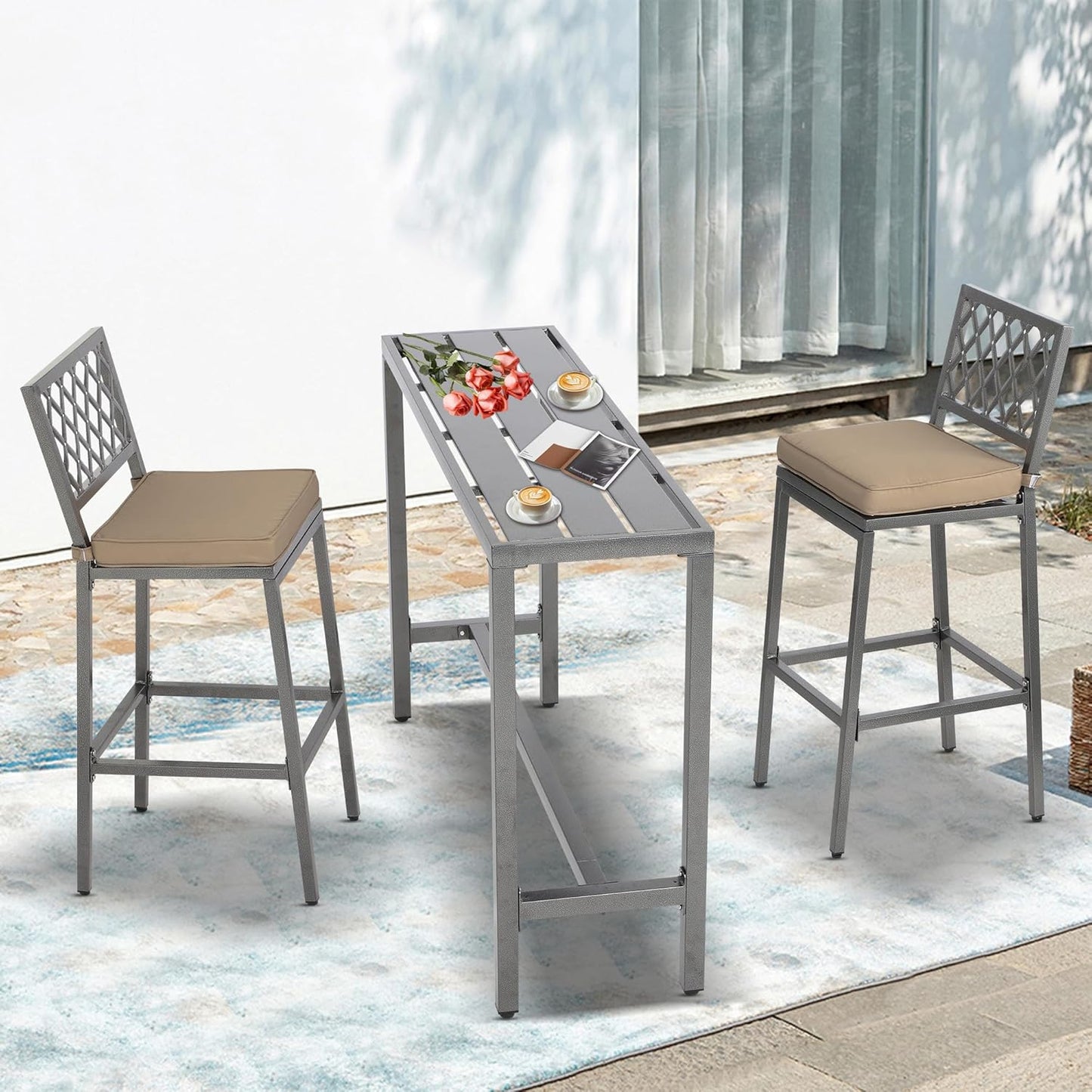 Outdoor Patio Bar Set, Bar Height Patio Dining Set, Weather-Resistant Bistro Counter Pub Set with Cushions & Slatted Tabletop for Backyard, Garden, Yard (47" Table, 2 "X Style Stool, Gray)