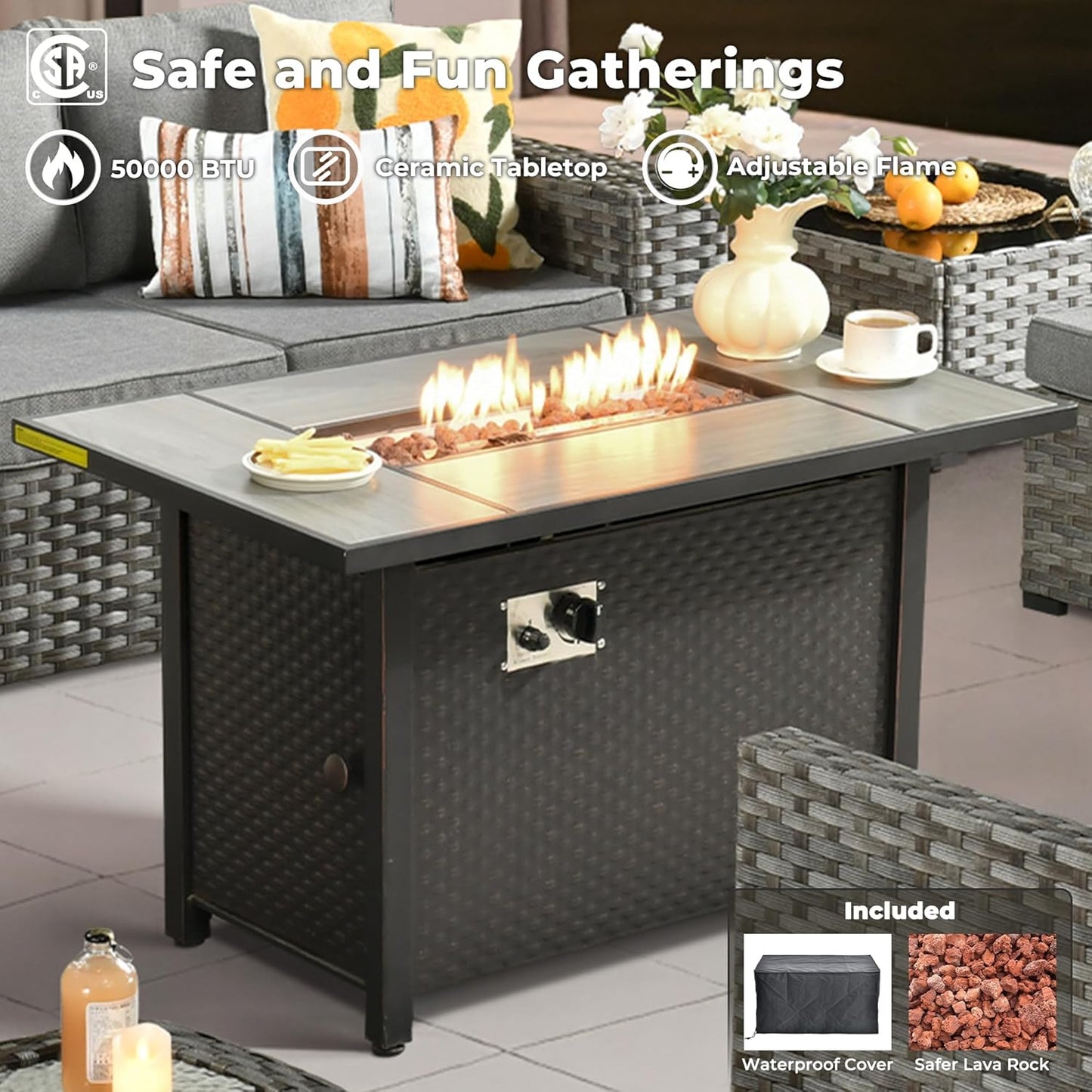 ovios 10 Pieces Patio Furniture Set, Outdoor Wicker Sectional Sofa with 42" Fire Pit Table Swivel Chairs, Modern Modular Deep Seat Rattan Couch Conversation Sets, Dark Grey