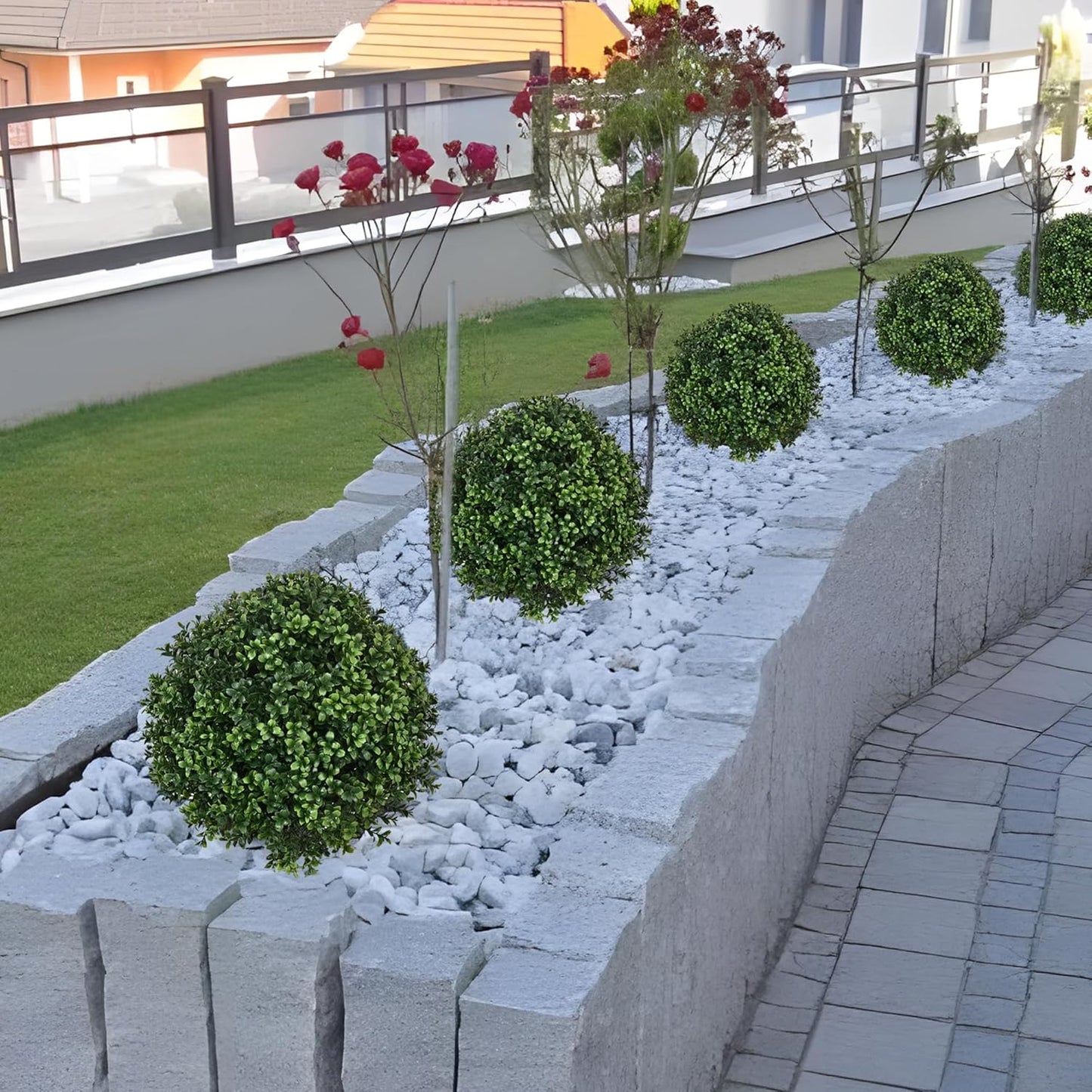 28" Artificial Boxwood Topiary Ball Trees with Ground Spike for Outdoor,Set of 2 UV Resistant Artificial Shrub Bushes,Artificial Plants,Fake Boxwood Plants for Indoor, Garden, Yard,Patio Décor