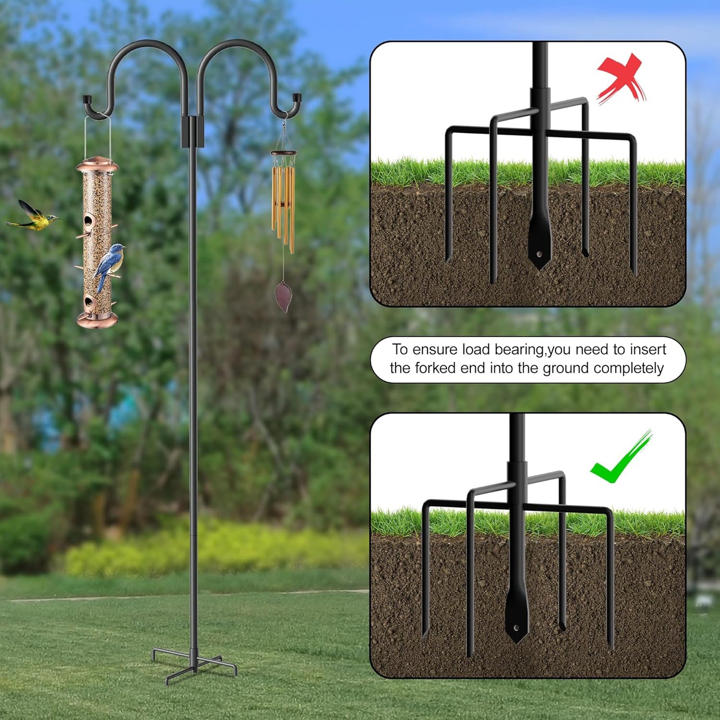 Double Shepherds Hooks for Outdoor, 2 Pack 63 Inch Bird Feeder Pole Hanger with 5 Prongs Base, Heavy Duty Bird Feeder Garden Hook for Hanging Plant, Lantern, Hummingbird Feeder