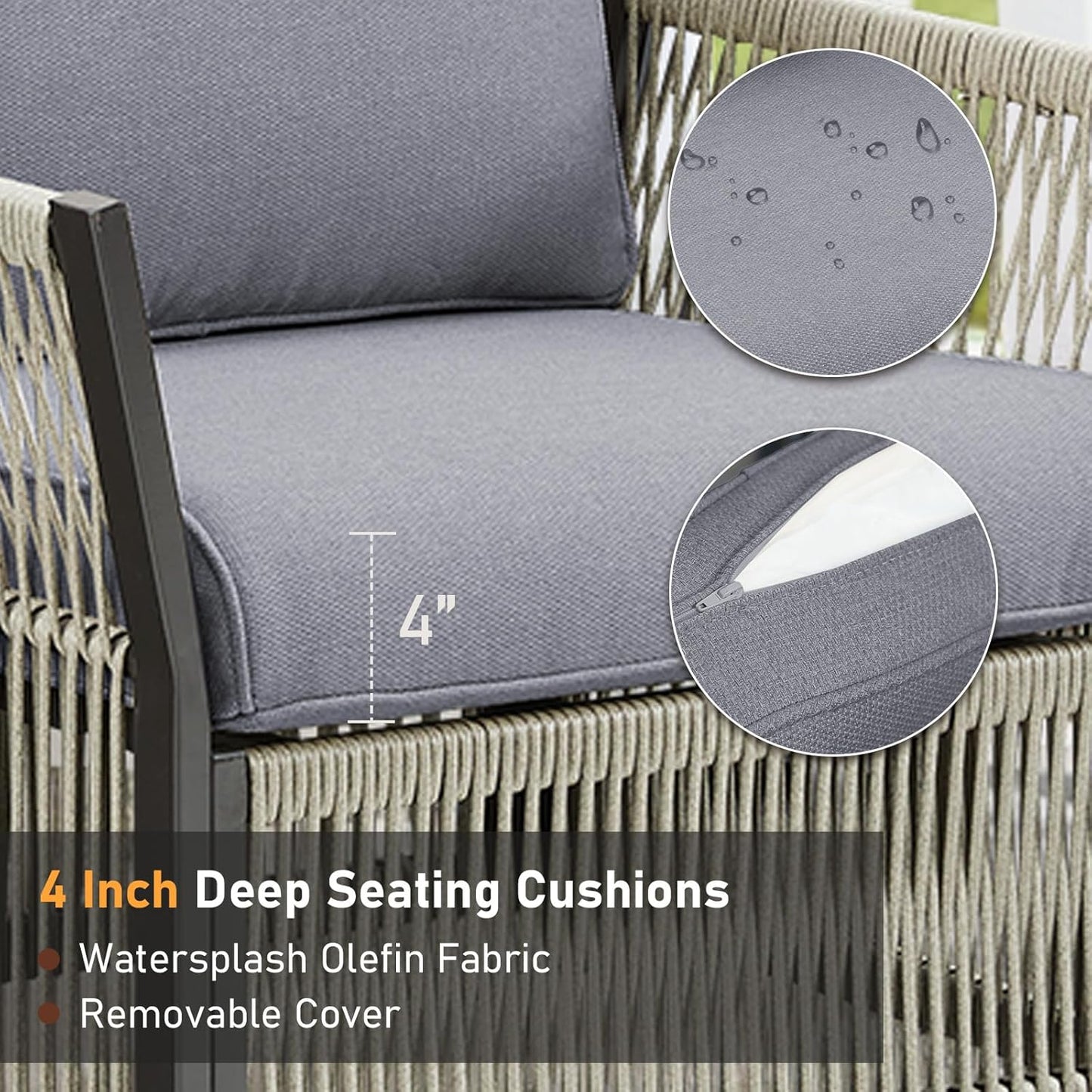 Patio Furniture Wicker Outdoor Conversation Set, 3-Piece All Weather Patio Furniture Rattan Rocking Sets with Removable Cushions & Side Table for Backyard, Balcony and Deck, Dark Grey