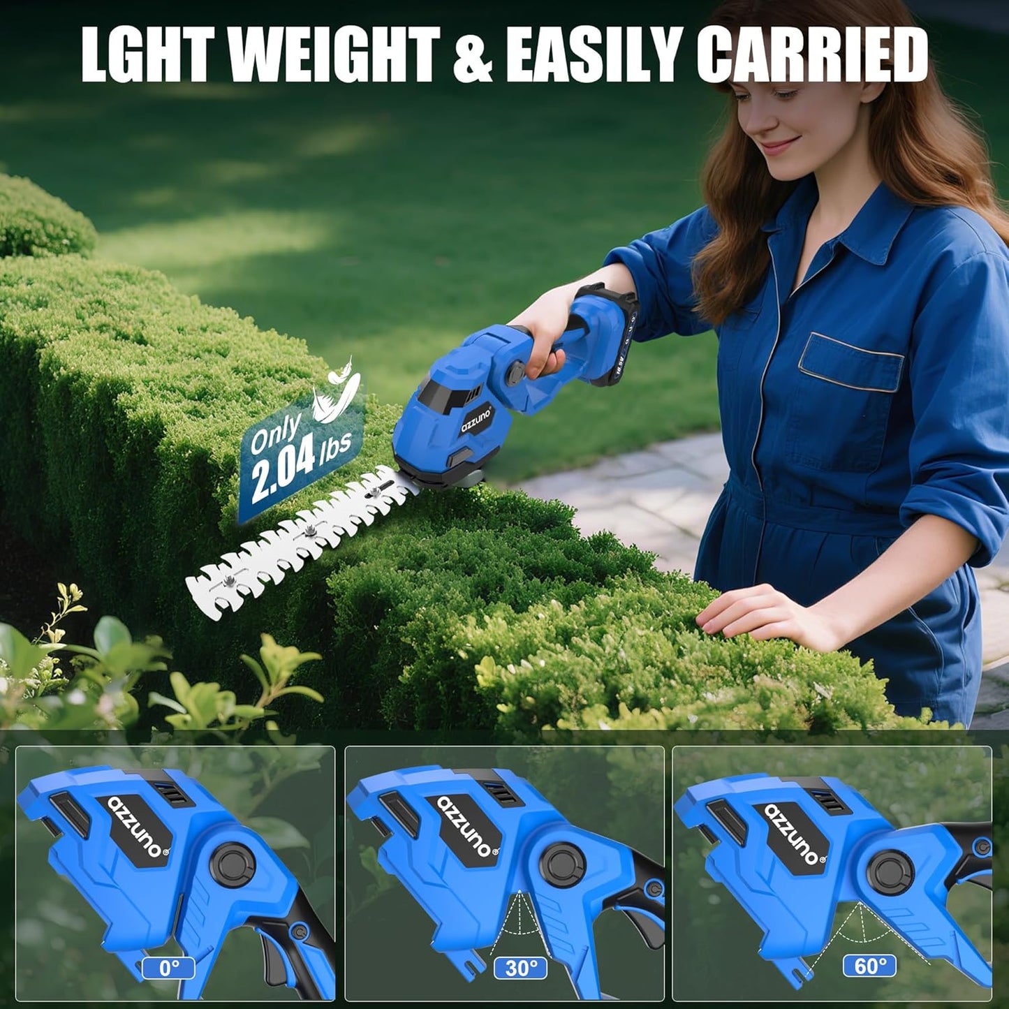 AZZUNO Cordless Hedge Trimmer, 2-in-1 Electric Grass Shears Shrubbery Trimmer with 2Ah Battery,Handheld Grass Cutter Shrub Trimmer for Gardens, Yards, Lawns, Including Charger(2 Batteries)
