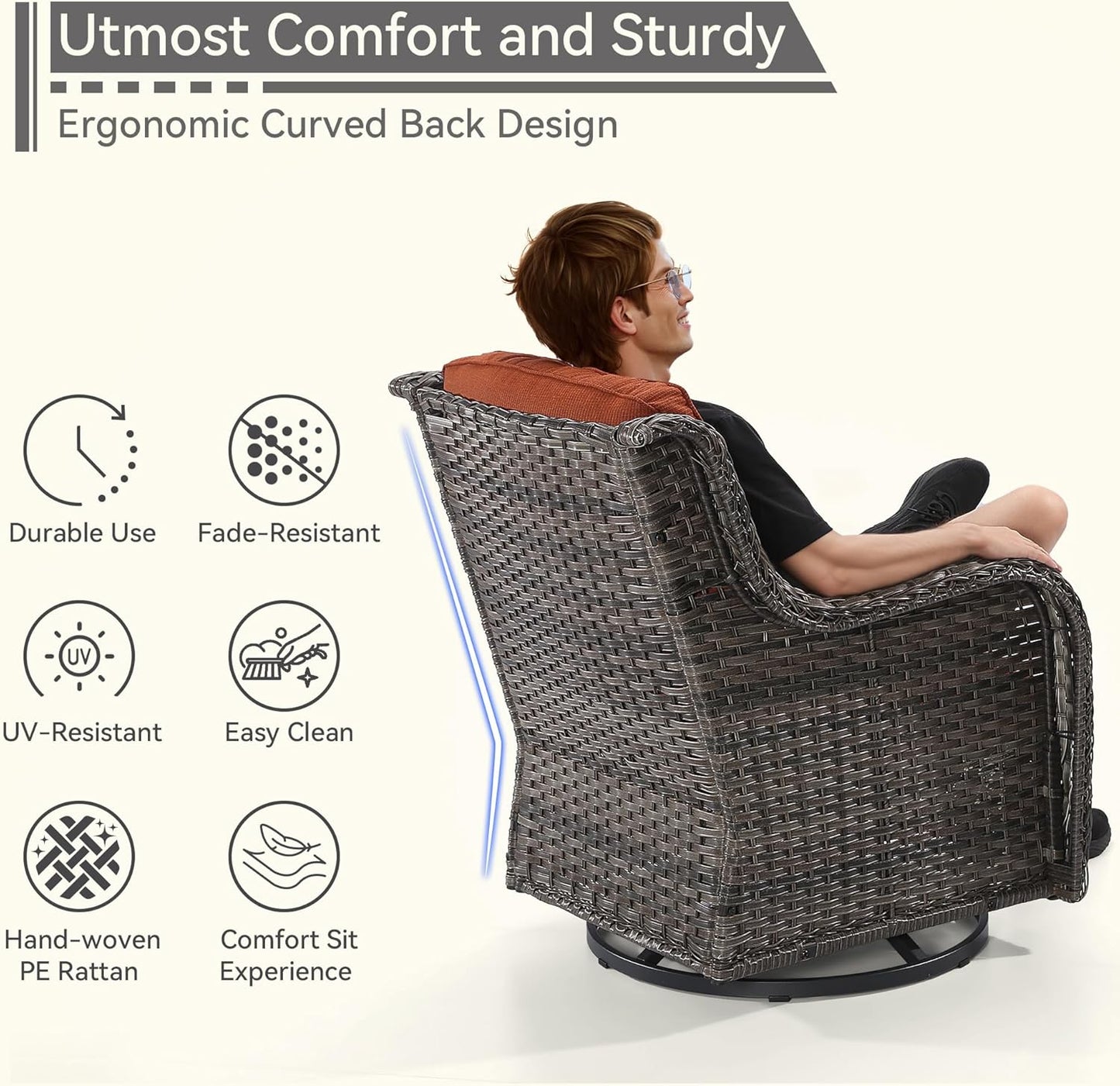 6 Pieces Outdoor Furniture Set - Patio Wicker Swivel Rocker Chair Set of 4 and 2 Side Table, Orange, Mixed Brown Rattan, Suitable for Porch, Yard