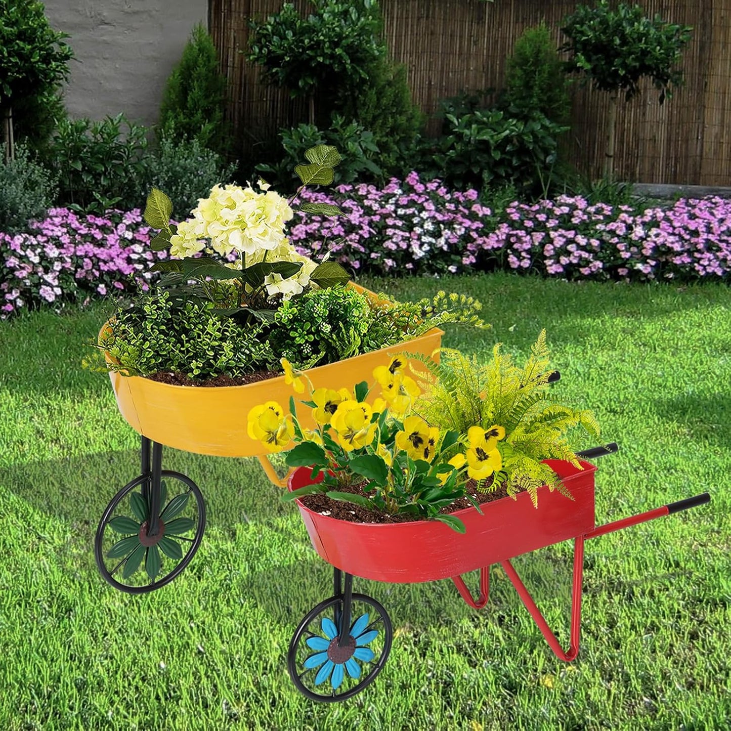 BAYN Metal Wheelbarrow Flower Cart Planter, 2 Packs Plant Stands with Triangular Support Handles Non-Rolling Wheel Vintage Wagon Planter Pots for Home Patio Garden Backyard Rustic Outdoor Decor