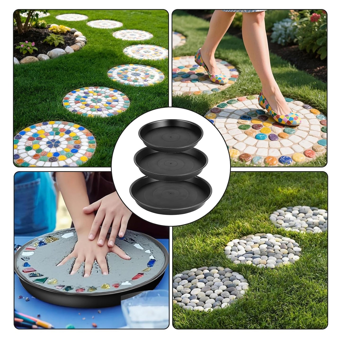 6Pcs Round Stepping Stone Mold, 3 Size Cement Molds for Concrete, 10" 11.4" 12.6" Plastic Concrete Molds for Casting Garden Pavement and Walkway