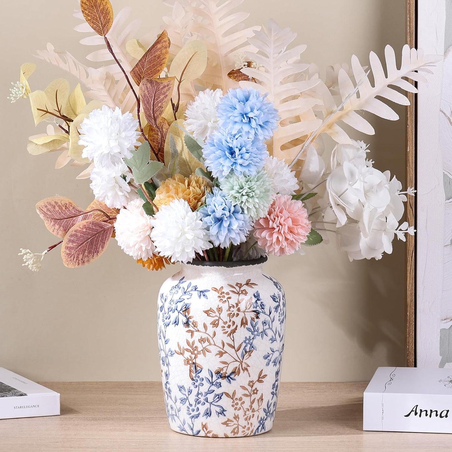 Vintage Vase for Flowers,Blue Chinoiserie Ceramic Vase,Rustic Farmhouse Cracked Vases,for Flower Arrangement,Living Room, Office, Shelf, Fireplace Tables,Centerpieces,Chinoiserie Pottery Decor(C)