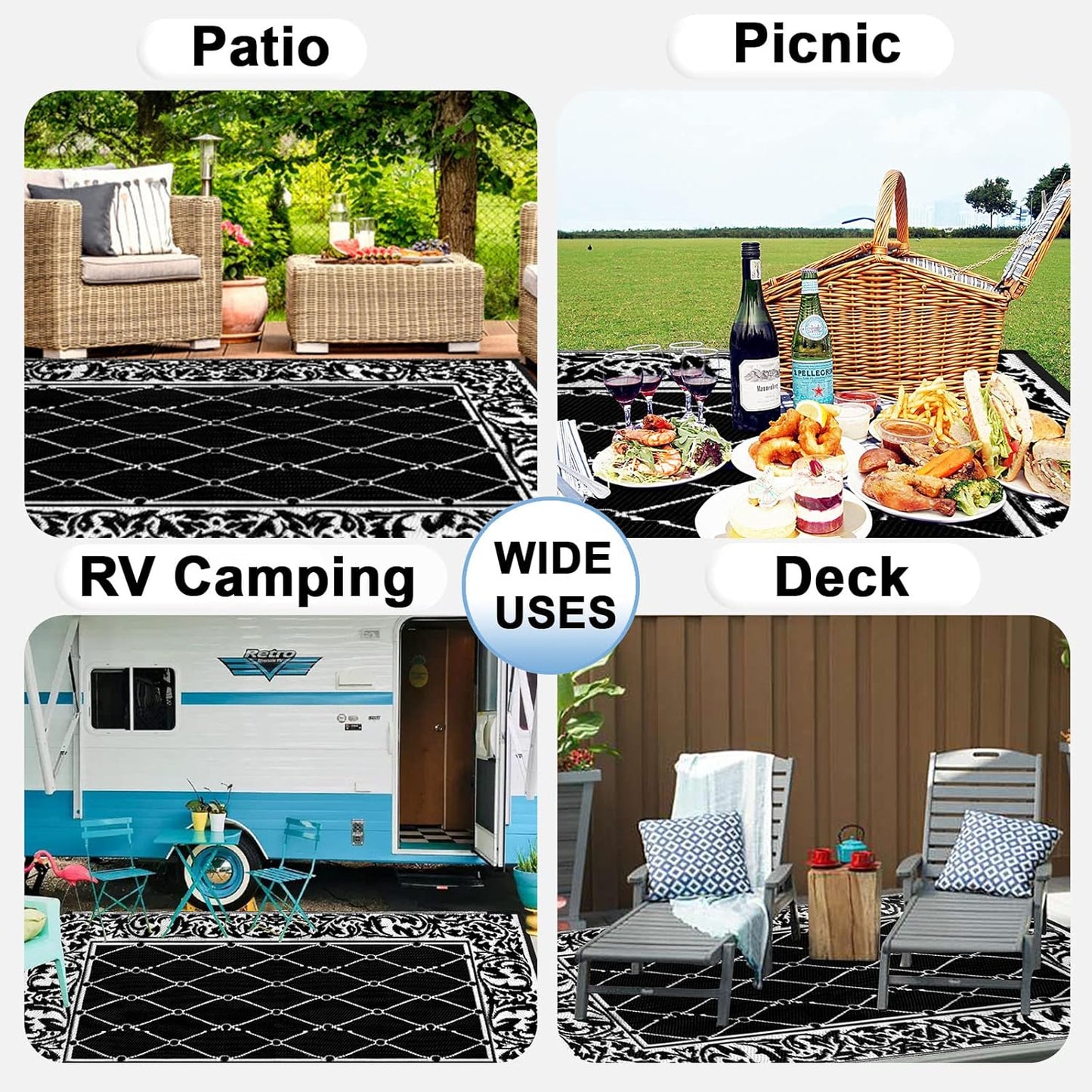 OutdoorLines Indoor Outdoor Rugs for Patio 4x6 ft - Reversible Outside Carpet, Stain & UV Resistant Portable RV Mats, Plastic Straw Rug for Camping, Pool Deck, Porch Rhombus Black & White