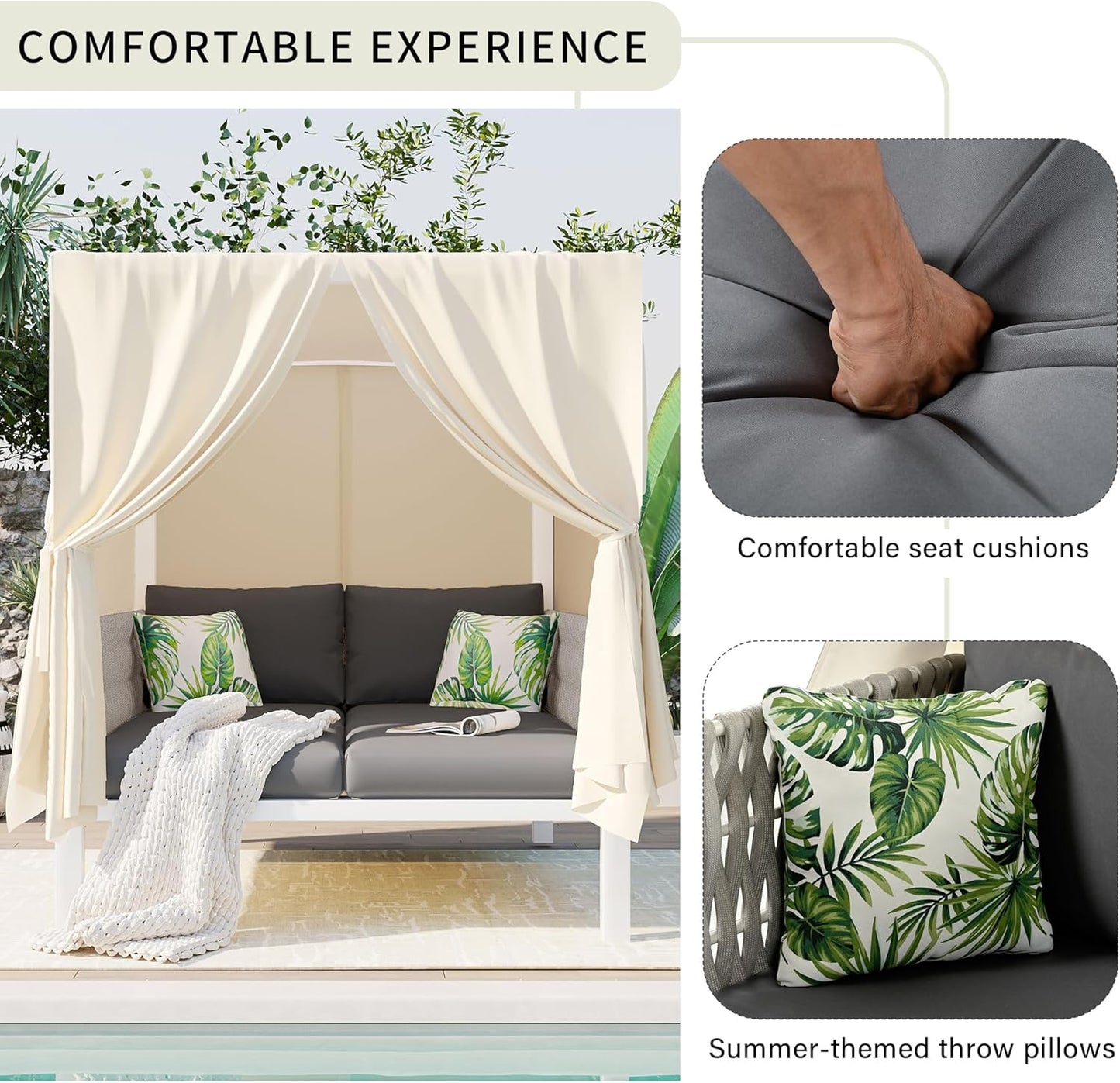 Polibi Outdoor Patio Sunbed with Beige Curtains,Outdoor Sun Lounger Bed with Pillows,Rubber Core Rope Weaving Outdoor Double Chaise Lounge Suitable for Pool,Garden,Gray+Beige