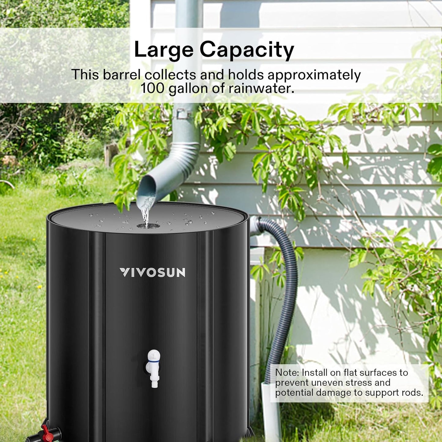 VIVOSUN Collapsible Rain Barrel, 100 Gallon Water Storage Tank with 1000D Oxford Cloth, Portable Rain Collection System Includes Two Spigots and Overflow Kit, Black