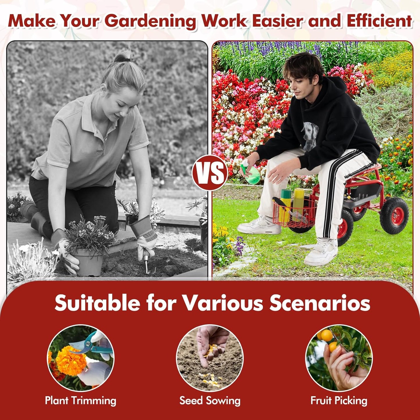 Goplus Rolling Garden Seat with Wheels, Outdoor Gardening Scooter with 360° Swivel Seat, Tool Tray & Basket, Adjustable Steering Handle for Lawn, Gardening Stool, Garden Cart for Planting