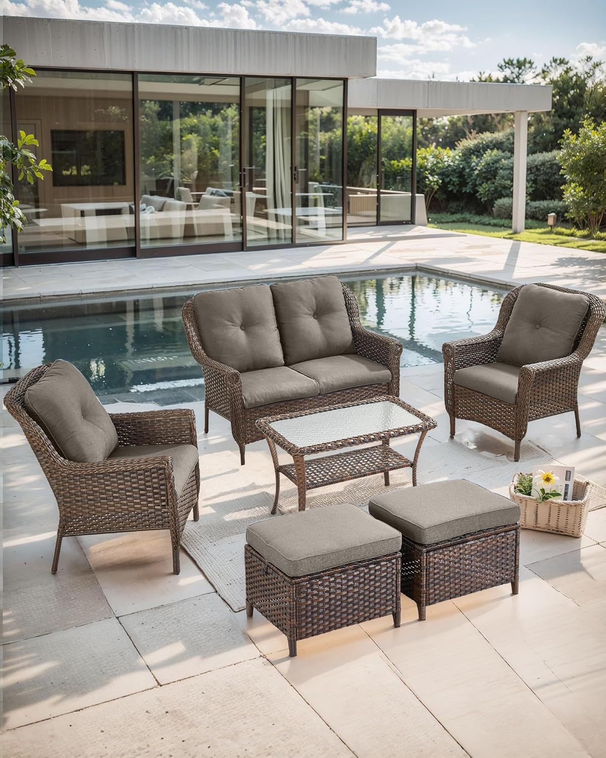 Patio Loveseat Outdoor Wicker Sofa - Heavy Duty All-Weather Brown Rattan 2-Person Sofas with High Back and Comfortable Thick Cushions for Garden Back Porch Poolside Apartment - Grey