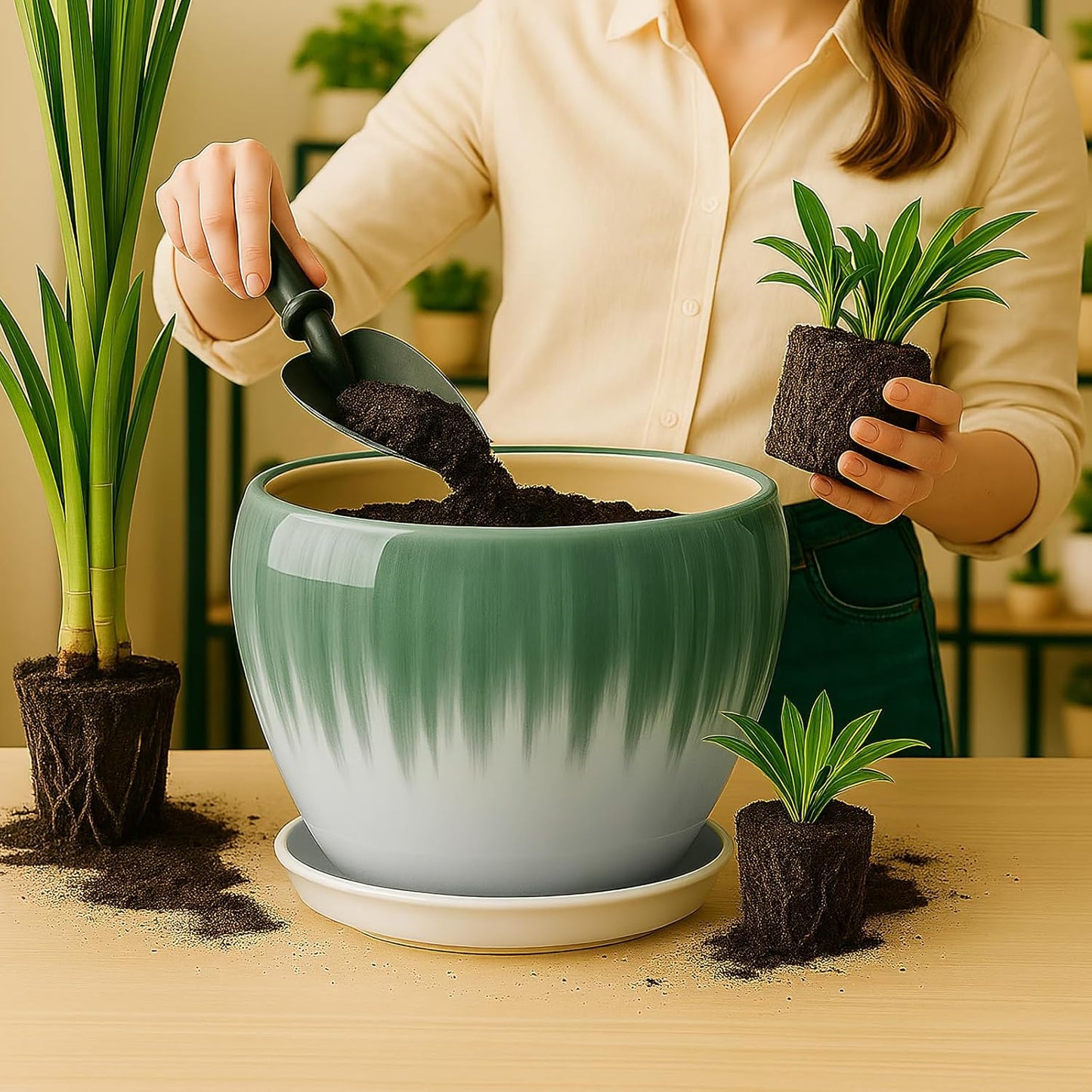 Deep Dream 10 Inch Plant Pot- Ceramic Planter Pot Round Plant Pots for Indoor Plants Outdoor Large Flower Pot with Drainage Holes & Trays, White&Green