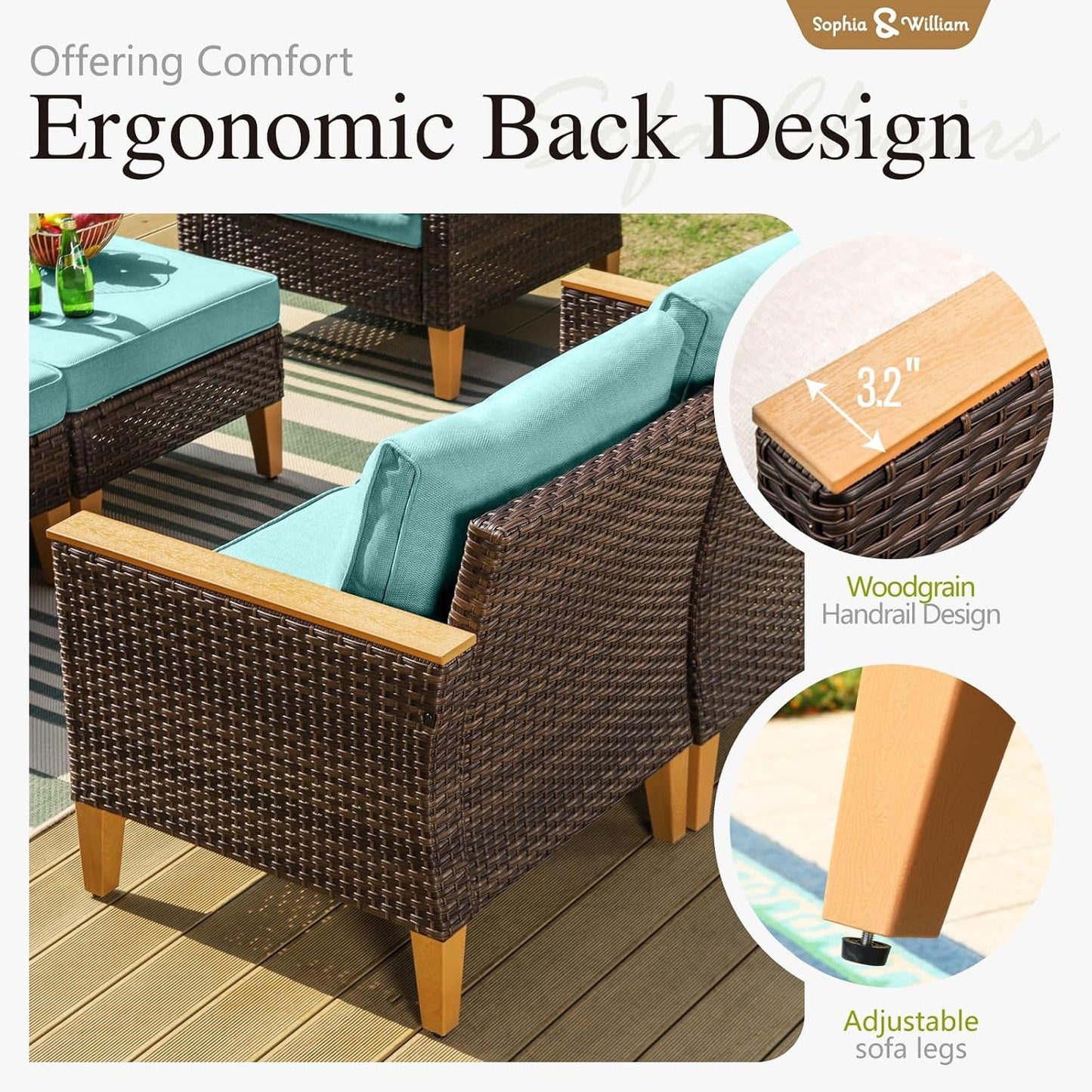 Sophia & William Outdoor Wicker Sectional Sofa Set, 8 Piece Half Moon Curved Patio Furniture Modern Round Outdoor Couch Conversation Set with Ottoman for Backyard, Pool, Garden(Aqua Blue)