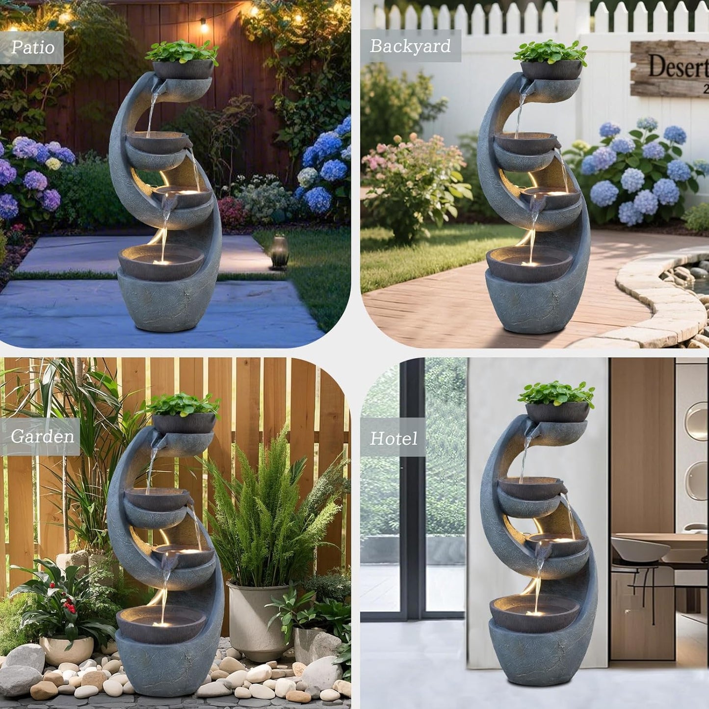 Outdoor Waterfall Fountain with LED Lights and Pump for Garden, Patio, Yard - 43.7 Inch UV-Resistant Freestanding Water Feature