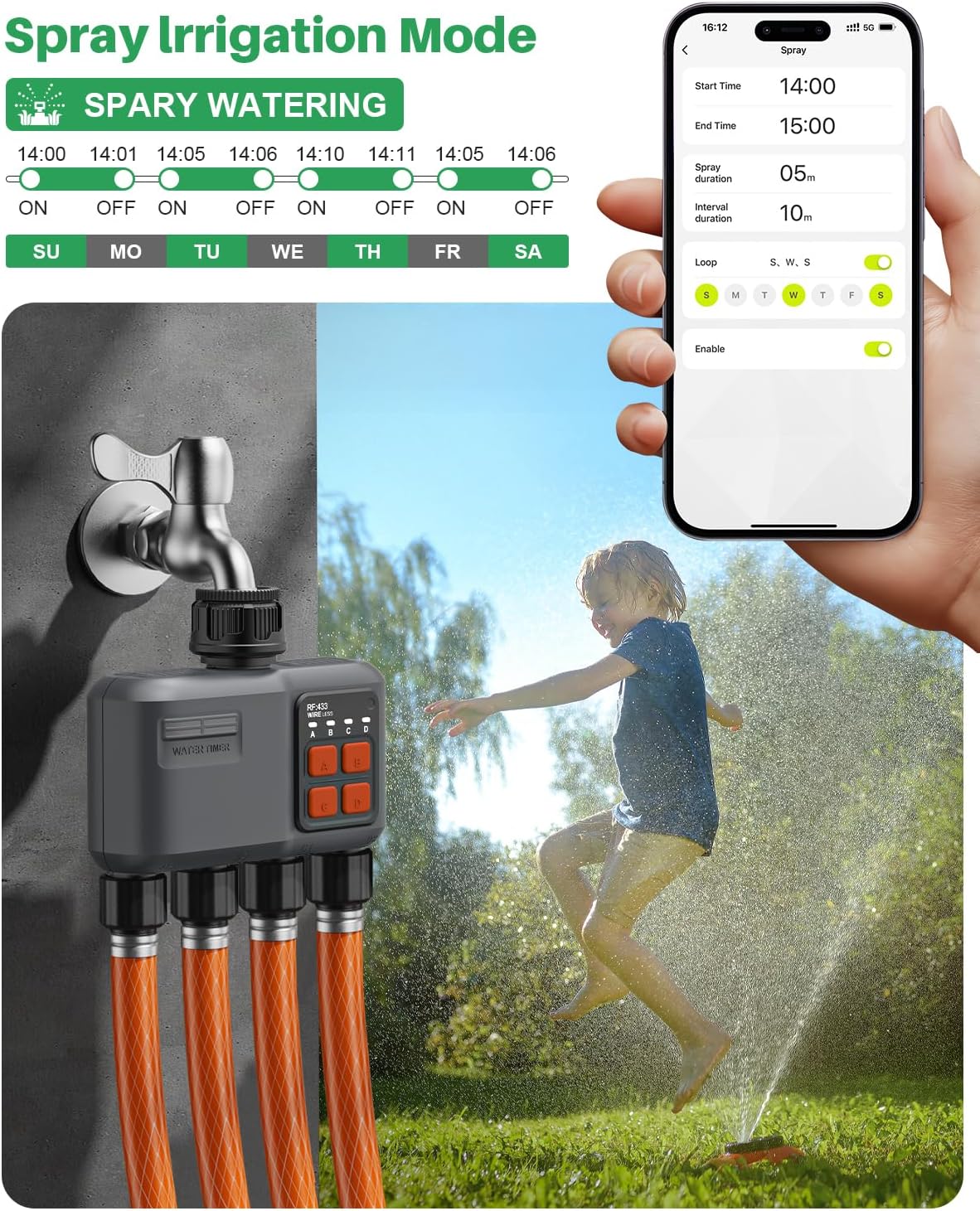WiFi Sprinkler Timer 4 Zone with 984 Feet RF Gateway, 4 Outlet Smart Water Timer for Garden Hose with Rain Delay/Manual/Automatic,WiFi Water Hose Timers for Garden & Lawns