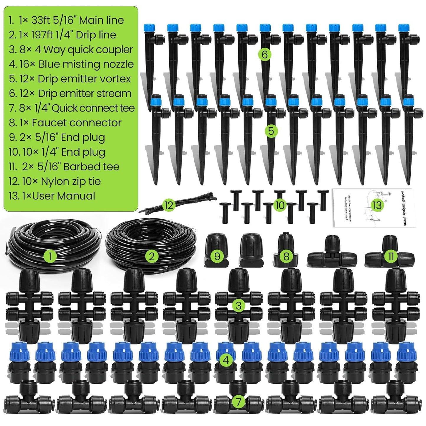 Bonviee Drip Irrigation System, 230FT Garden Watering System with Quick-to-Connect Fittings, Adjustable Drip Emitters, 1/4β & 5/16β Tubing, Drip Irrigation Kit for Raised Garden Beds, Greenhouse, Lawn