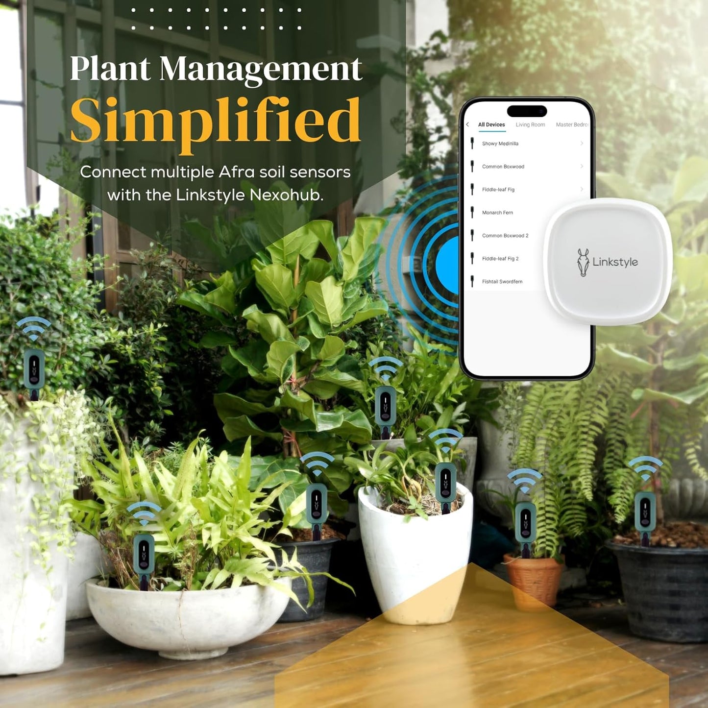 PLANTRON Afra II Smart Soil Moisture Sensor By LINKSTYLE — Includes WiFi Hub (2.4GHz wi-fi only) for Remote Access, 3-in-1 Soil Moisture, Temperature and Luminosity Tracker, Waterproof, Indoor/Outdoor