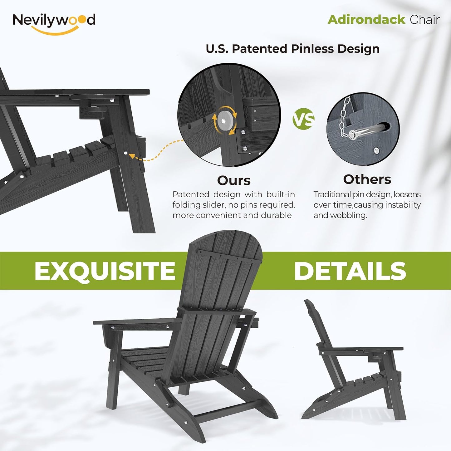 Folding Adirondack Chair, Ergonomic Extended Backrest, HDPE All-Weather, 400lbs Capacity, Maintenance-Free, Cup Holder, (Black)- Outdoor Patio & Firepit Chair