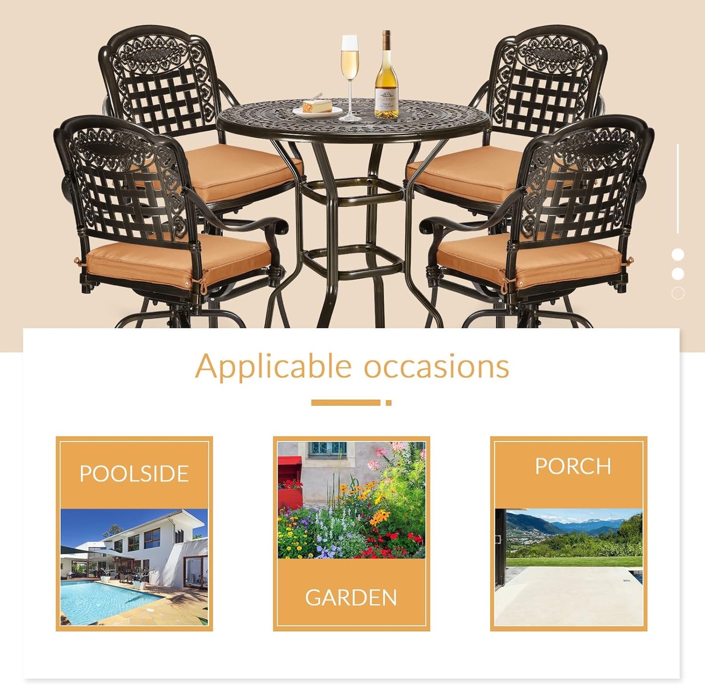 5 Pieces Patio Swivel Bar Set, Patio Bar Table and Chairs Set, All-Weather Cast Aluminum Outdoor Swivel Bar Stools of 4 and 38.5" Bar Table, High Top Bistro Set for Deck, Pool, Garden