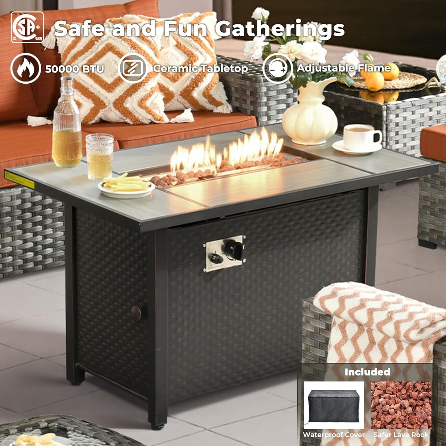 ovios 9 Pieces Patio Furniture Set, Outdoor Wicker Sectional Sofa with 42" Firepit Table Swivel Chair, Modern Modular Deep Seat Rattan Couch Conversation Sets, Orange Red