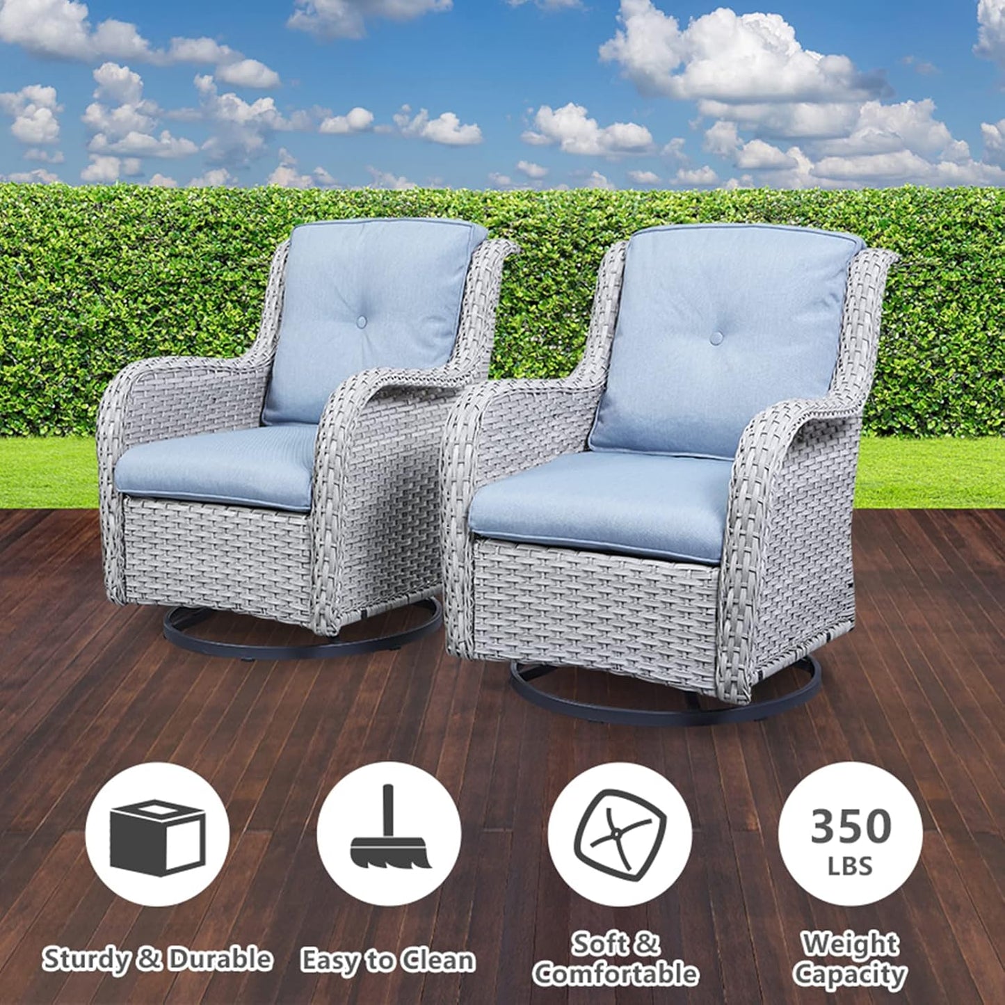 Wicker Outdoor Furniture Patio Furniture Set - 6 Piece Patio Conversation Set with Swivel Rocker Chairs, Rattan Sofa, Ottomans and Coffee Table, Baby Blue Cushion