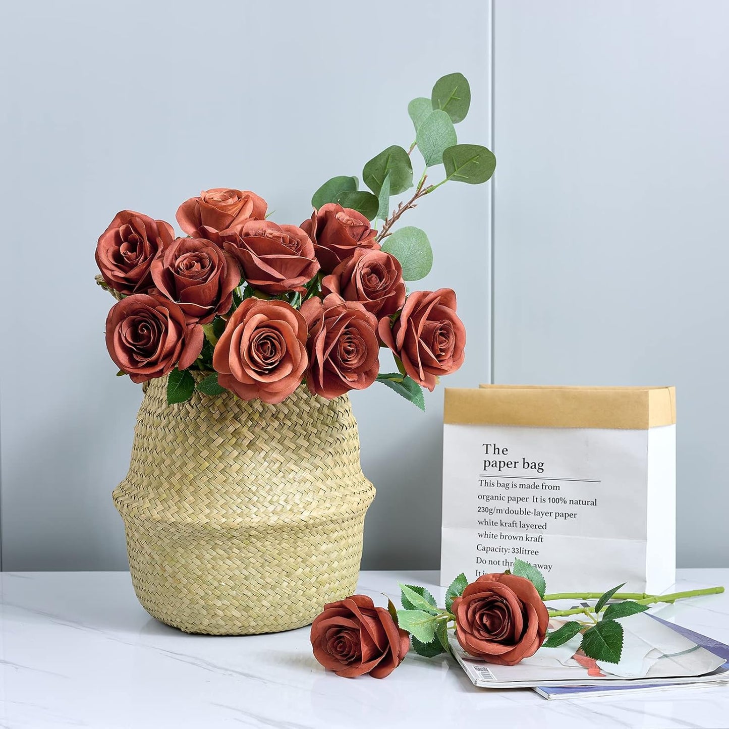 12pcs Rust Orange Rose Artificial Flowers Faux Roses Silk Roses Orange Silk Flowers with Long Stems for Wedding Baby Shower Home Decor Party Centerpieces Table Decorations