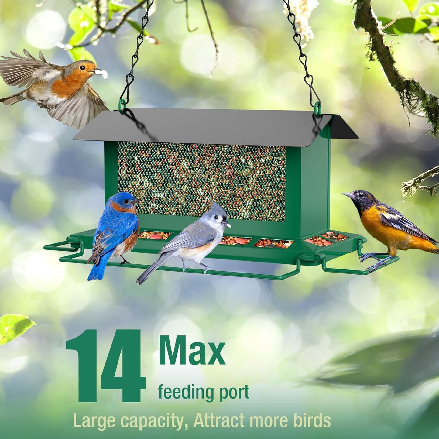 Bird Feeder for Outdoor Hanging, Large Squirrel Proof Birdfeeders w/ 14 Feeding Ports - Heavy Duty Metal Bird Feeders for Outside Hanging, 4 Lb Large Capacity Birdfeeder to Attracting Birds