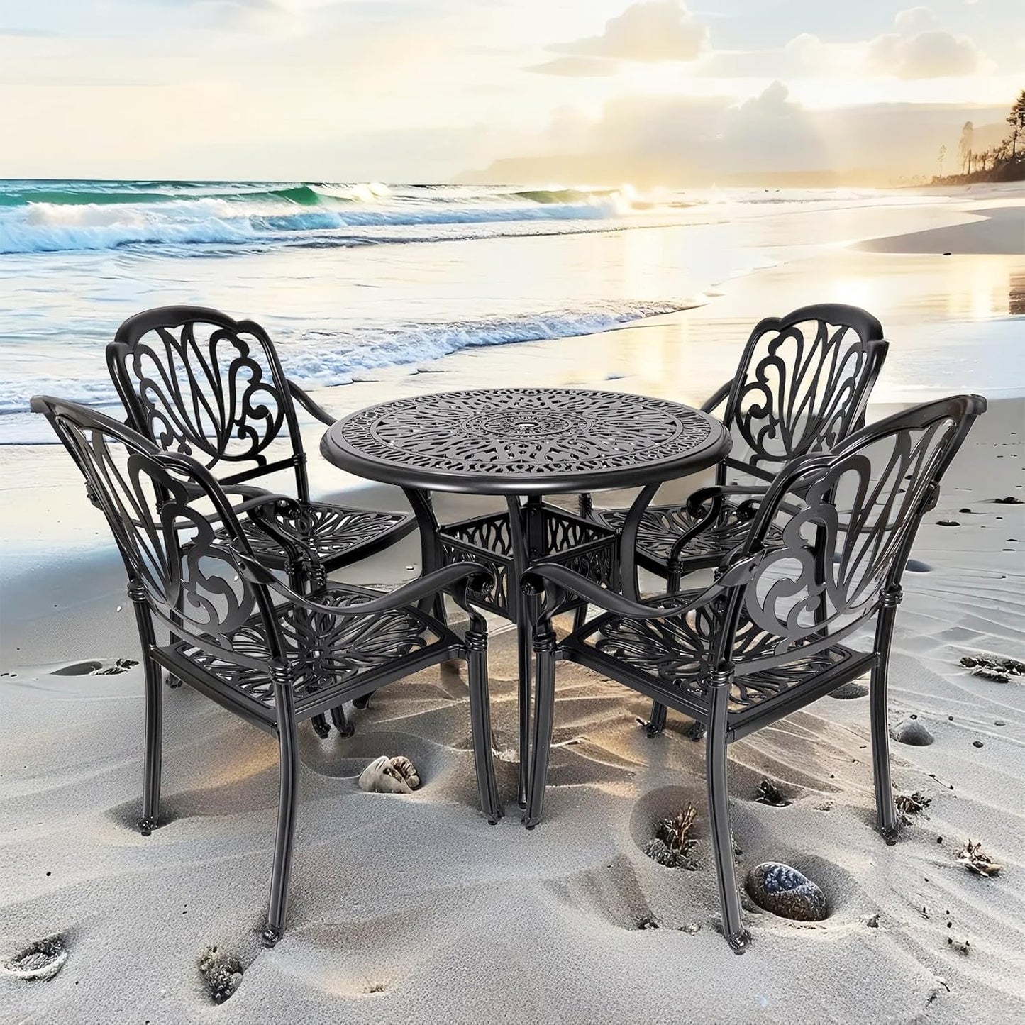 Cast Aluminum Dining Set 5 Piece Outdoor, Patio Conversation Furniture Set, Patio Table and Chairs Set of 4 for Garden Backyard, Black