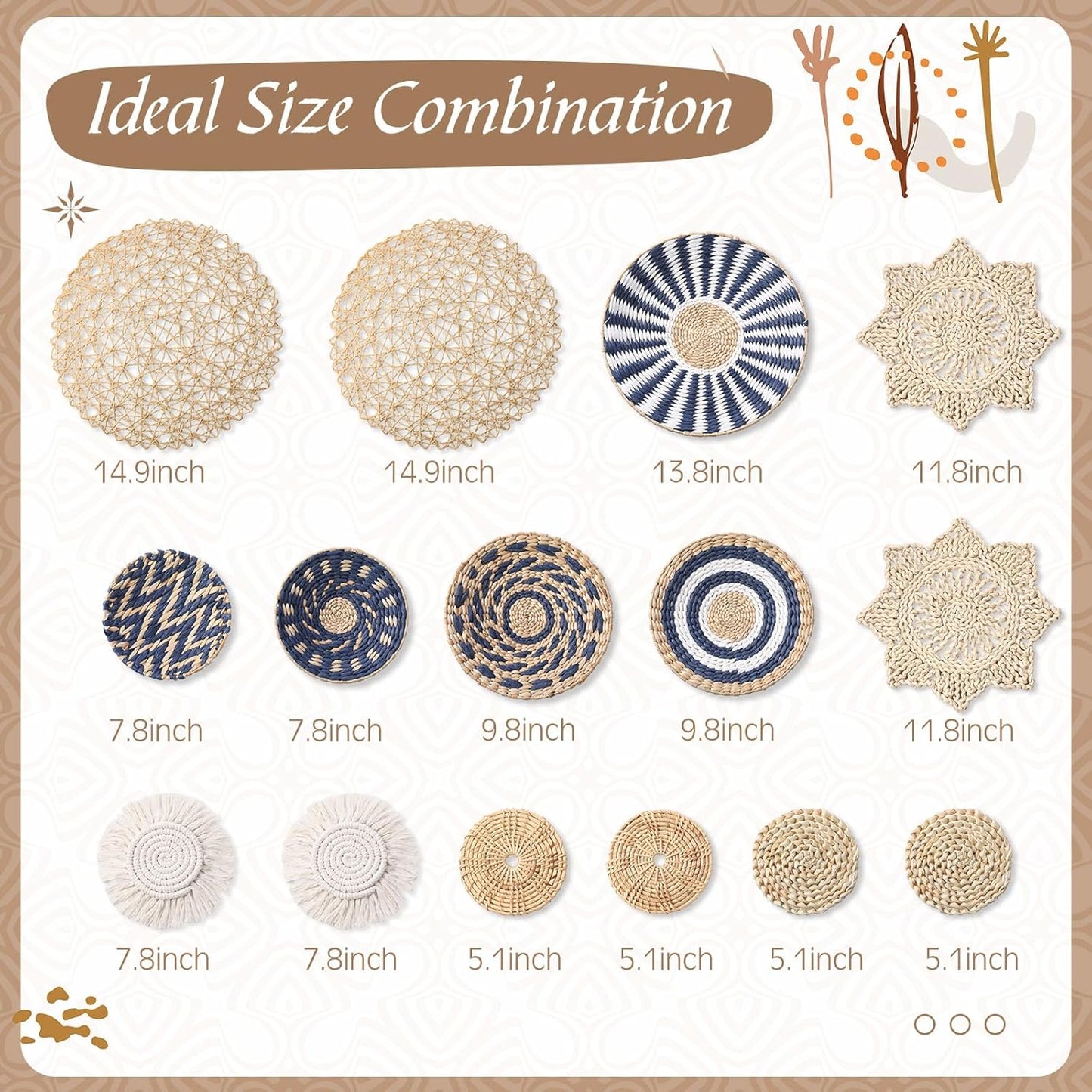 15 Pcs Boho Wall Basket Decor Woven Rattan Seagrass Wall Decor Hanging Rustic Farmhouse Western Art Decoration for Nursery Living Room Bedroom Home Kitchen(Blue Style)