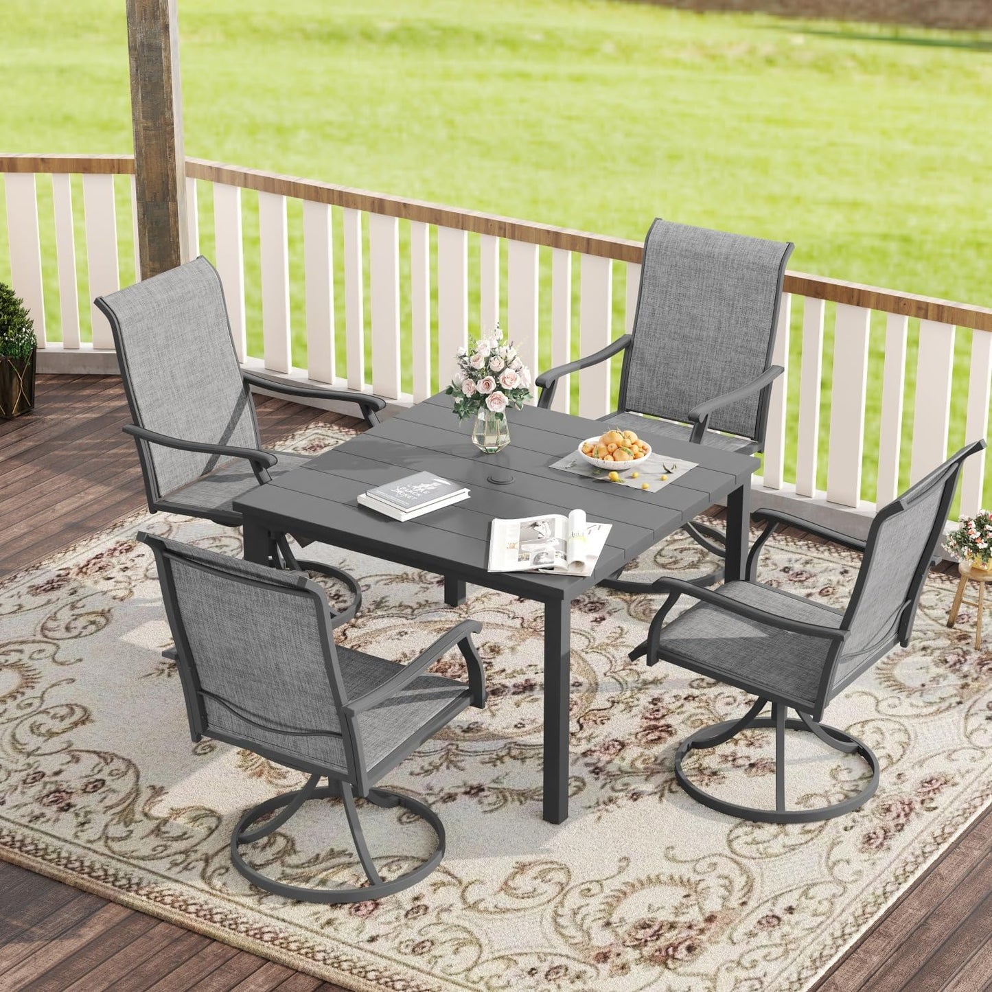 VICLLAX 40.2" Square Patio Dining Table for 4, Outdoor Table with Umbrella Hole, All Weather Metal Patio Table for Lawn Garden, Grey Tabletop