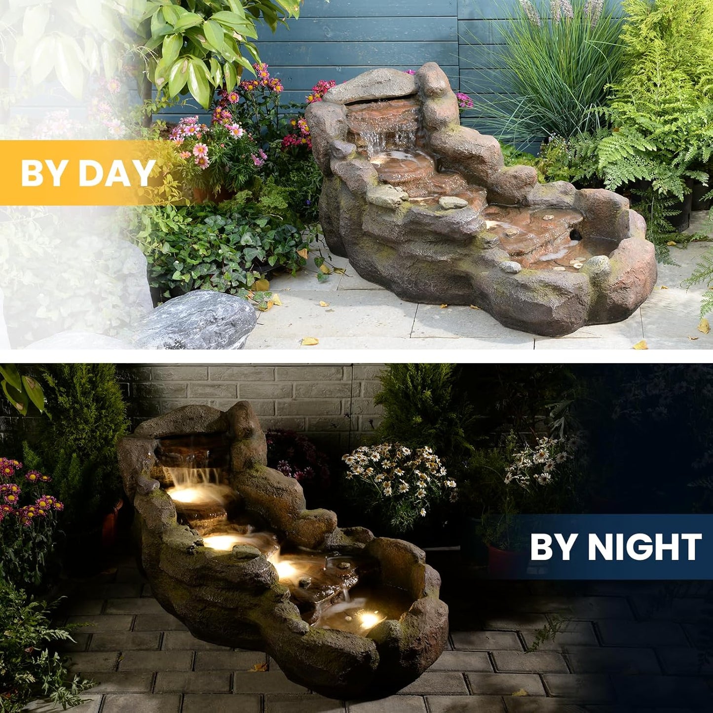42 in Natural-Style Tier Garden Rock Water Fountain Outdoor, Floor-Standing Fountains That Feature Gentle Waterfall and LED Lights for Patio, Backyard, Deck, Porch, Home Décor
