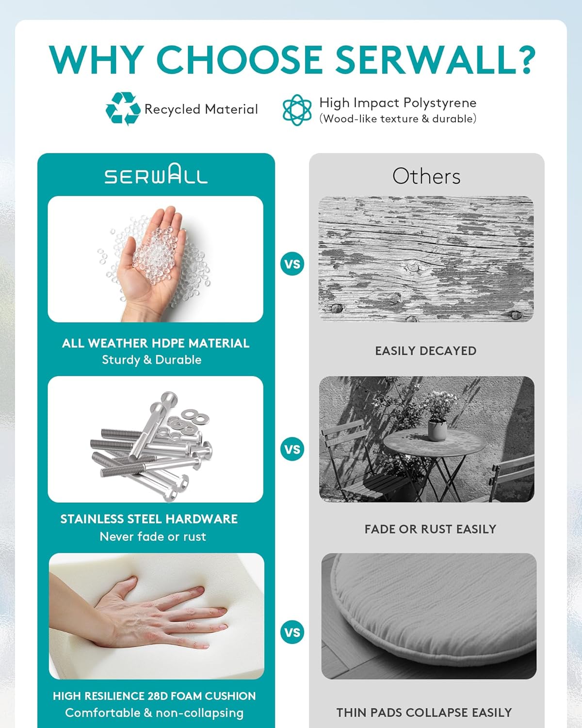 SERWALL HDPE Patio Furniture Set, 8 Pieces Composite Outdoor Furniture, All-Weather Wood-Like Outdoor Sofa Couch with Coffee Table for Deck, Lawn, Grey Frame with Khaki Cushion