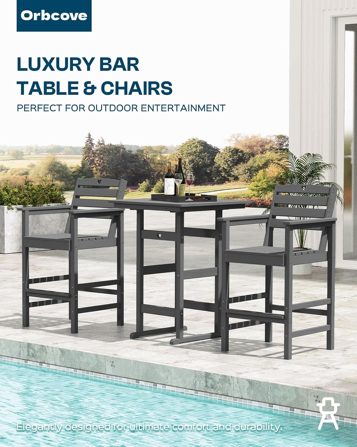 3-Piece HDPE Outdoor Bar, Outdoor Bar Stools and Outdoor Bar Table with Heart Cutout Design, All Weather Bistro Set Outdoor for Patio, Porch, Pool (Grey)