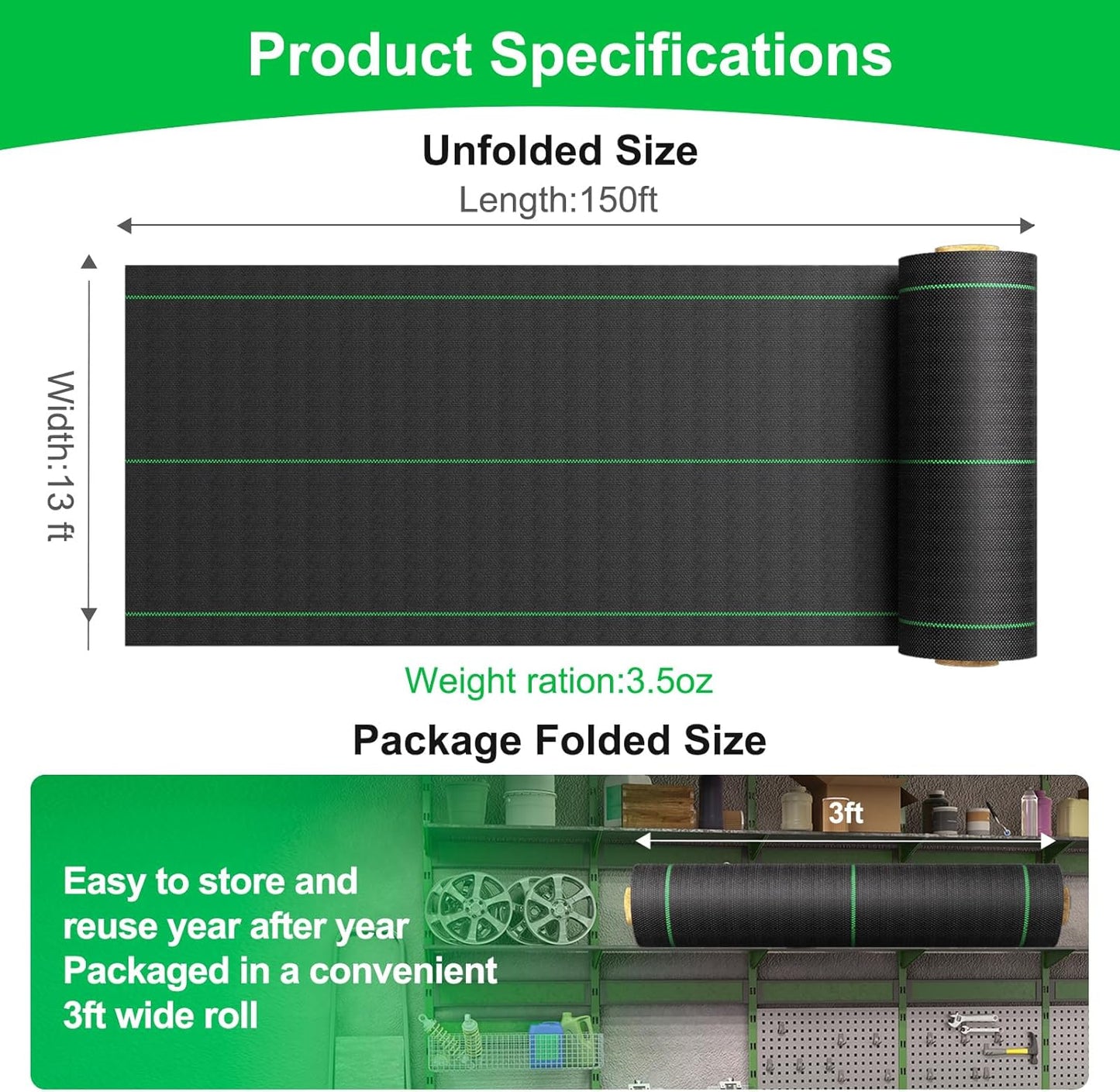 Driveway Fabric for Weed Control – 13FT x 150FT with Staples, Heavy-Duty Weed Barrier, Durable Landscape Fabric 3.5OZ for Garden, Gravel, Pathways, Erosion Control, Construction, and Outdoor Projects