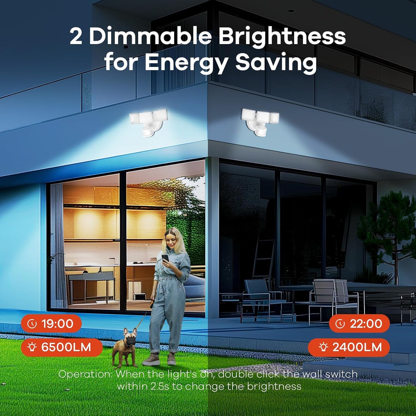 OREiN 6500LM/42W Flood Lights Outdoor, 180°/75FT Motion Sensor Outdoor Lights 4 Modes Dimmable Dusk to Dawn Floodlights IP65 Waterproof for 6000SQ.FT Area for Big Patio, Driveway, White (Hardwired)
