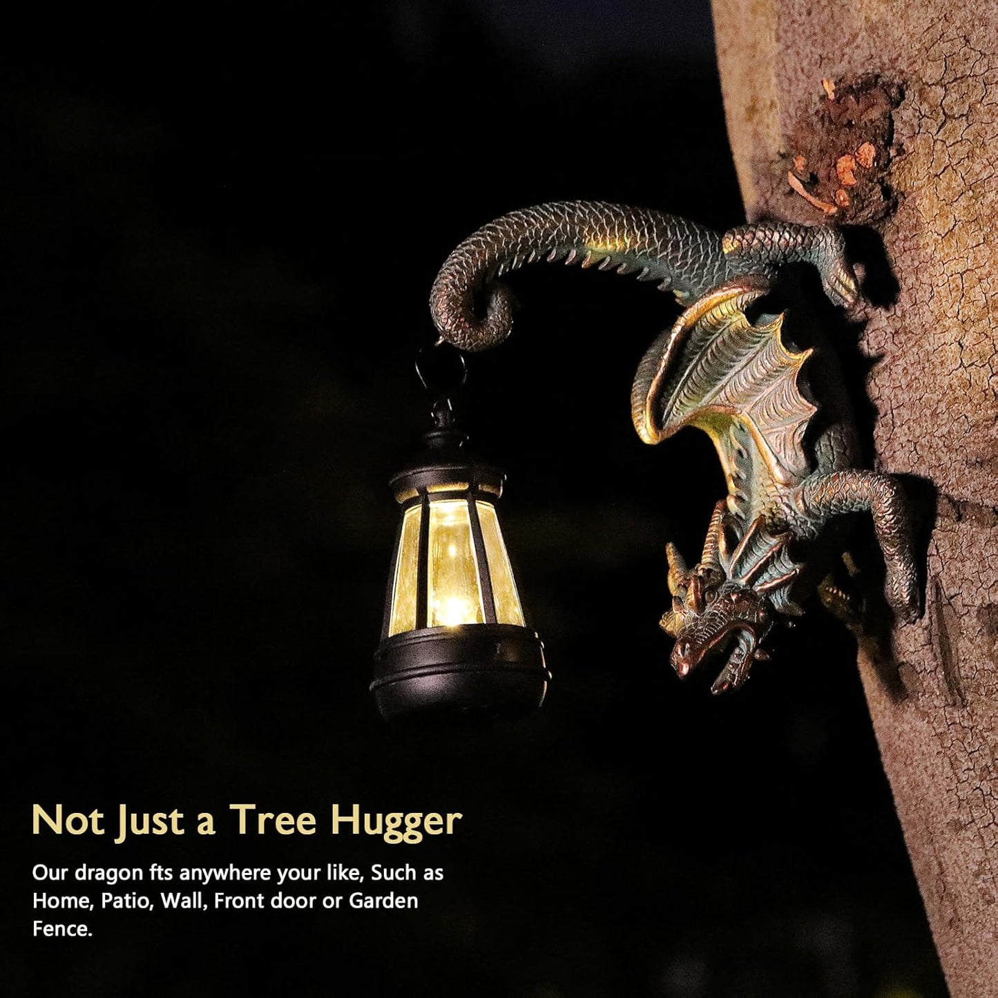 Solar Dragon Tree Hugger Statue Wall Decor - Gothic Garden Statue with Solar Lantern, Outdoor&Yard Decor, Fantasy Dragon Figurine for Trees, Walls, or Fences - Unique for Men & Women