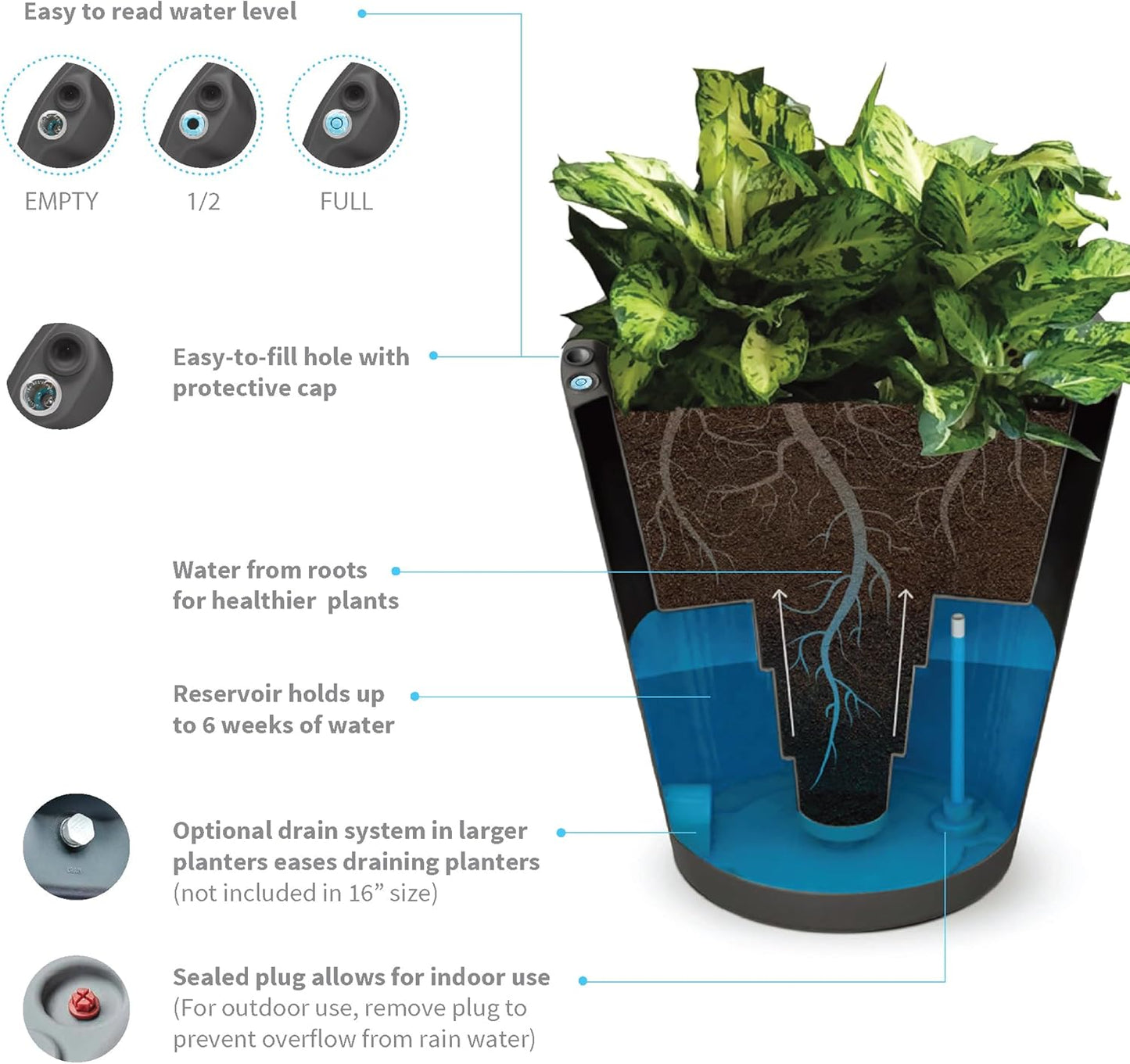 Crescent Garden Dot TruDrop Indoor/Outdoor Planter, Self-Watering Plant Pot, 20 Inches, (Ash)