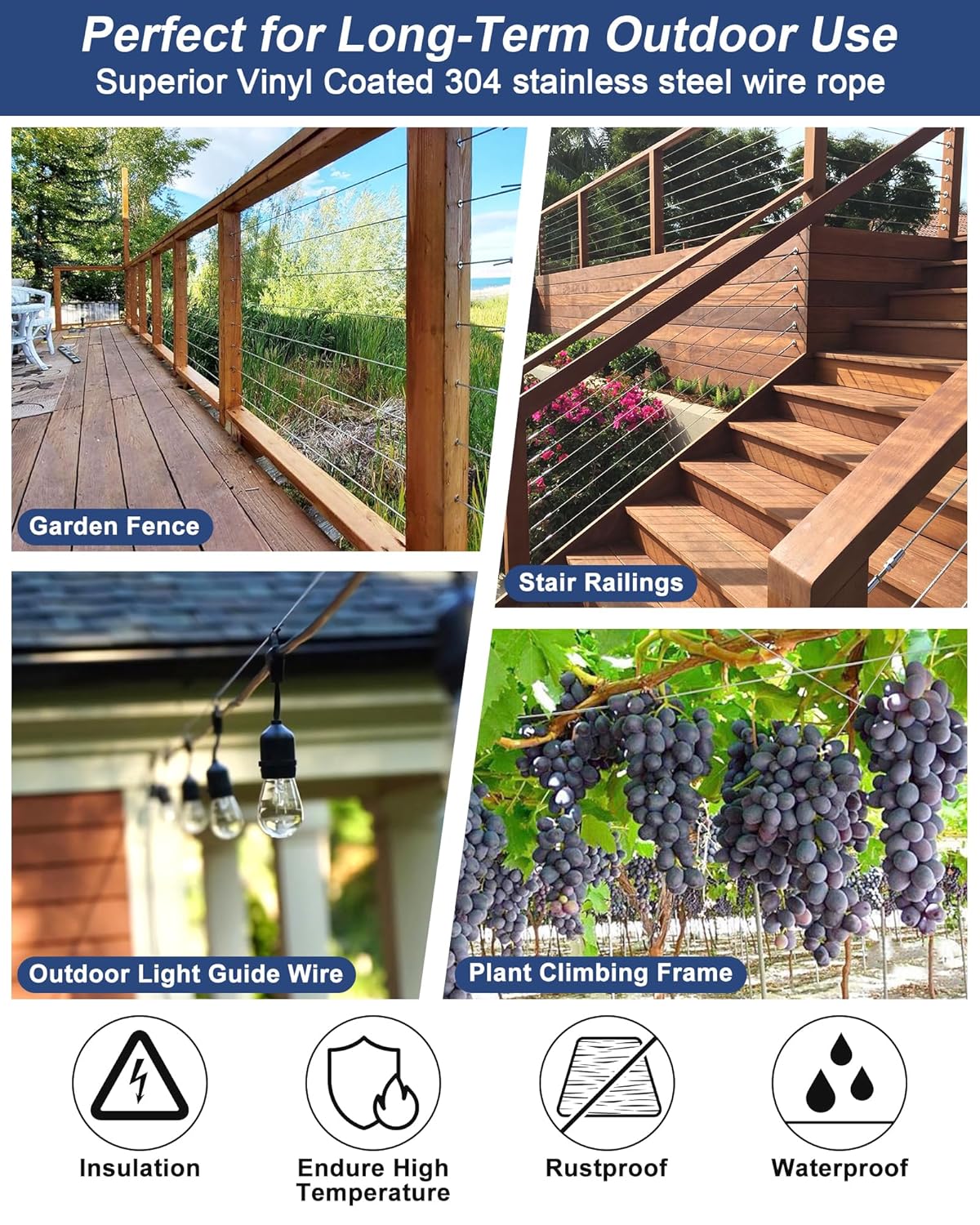 220 FT 1/16" Wire Rope Kit 304 Stainless Steel Cable with M5 Turnbuckles for Cables Wire, Vinyl Coated String Lights Hanging Wires for Outdoor Camping, Trellis, Garden, Clothes line, Curtain, Picture