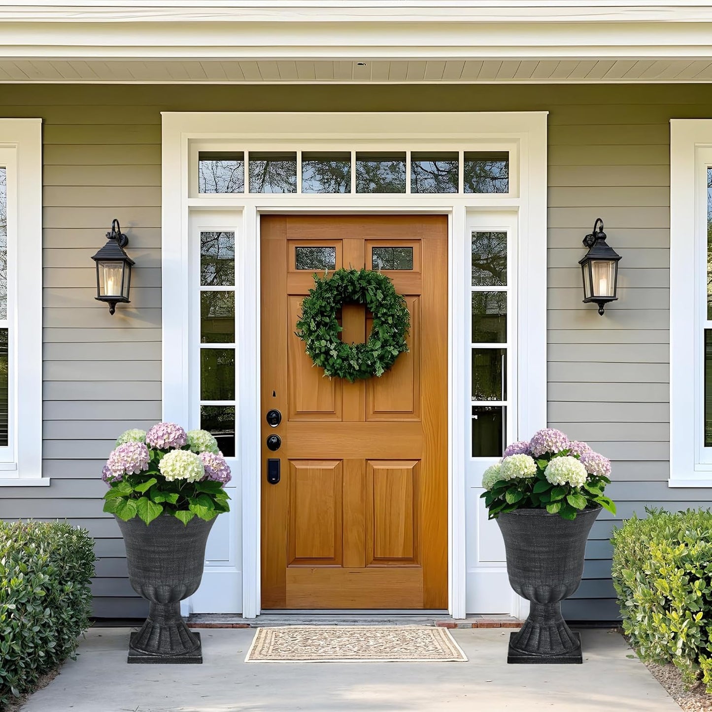 22" Large Urn Planters (Set of 2), Handmade Washed Black Plastic Flower Pots, Weatherproof for Porch, Garden, Patio or Home Décor