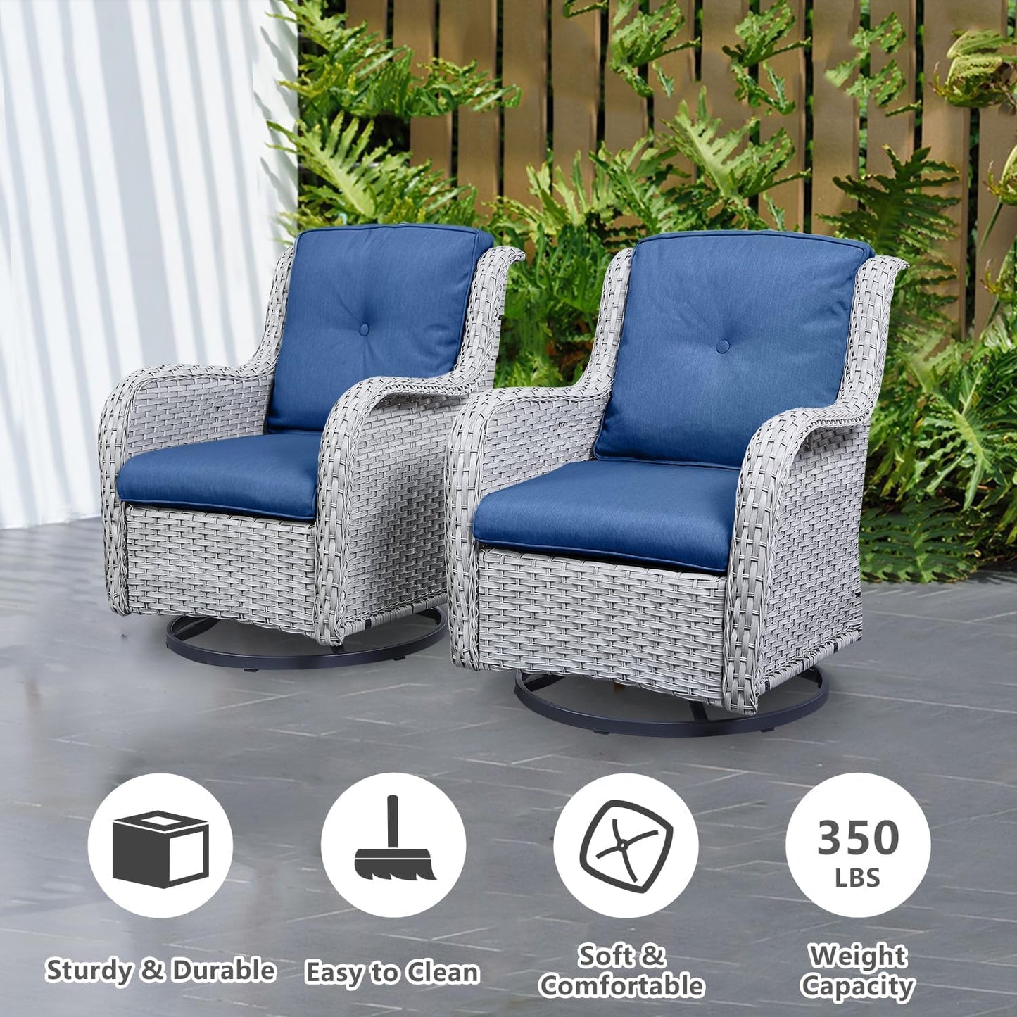 Outdoor Swivel Rcoker Patio Chairs - Outdoor Swivel Patio Chairs Set of 2 Wicker Chair Patio Furniture Sets with Covered Cushion for Porch Deck Balcony Garden, Blue Cushion