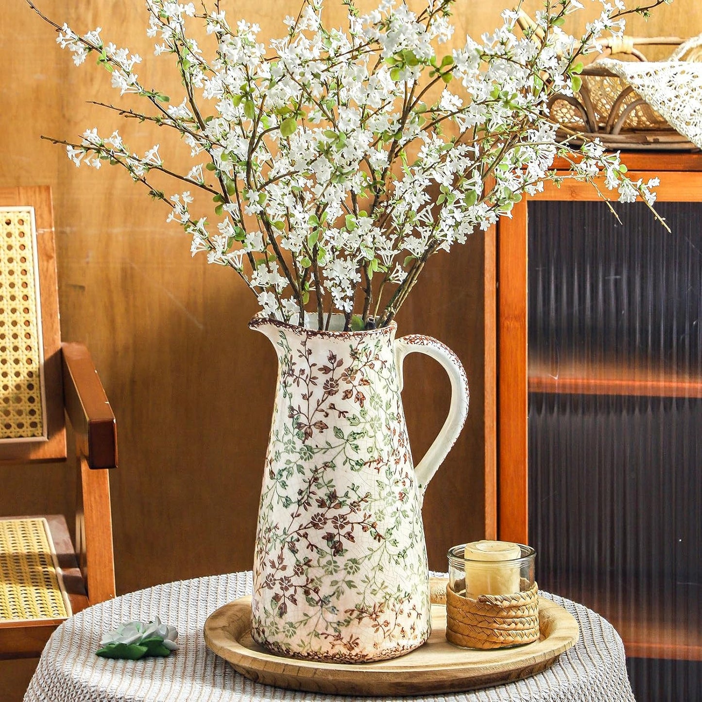 Enra Pitcher vase with Handle,12.2 in Ceramic Vintage Chinoiserie Floral Vase,Green and Beige Decorative Flower vase,Large Rustic Vases for Home Decors, Living Room, Bookshelf, Office