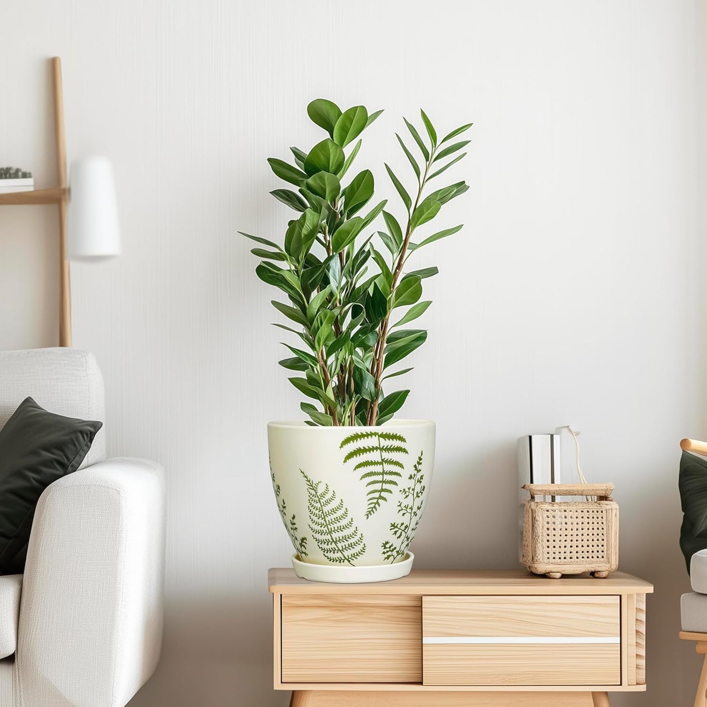 Ceramic Plant Pot 8.2 Inch - Ceramic Planter for Indoor Plants, Boho Round Decorative Outdoor Flower Pot with Drainage Hole and Saucer, Housewarming Gifts, Office Home Garden Decor, White